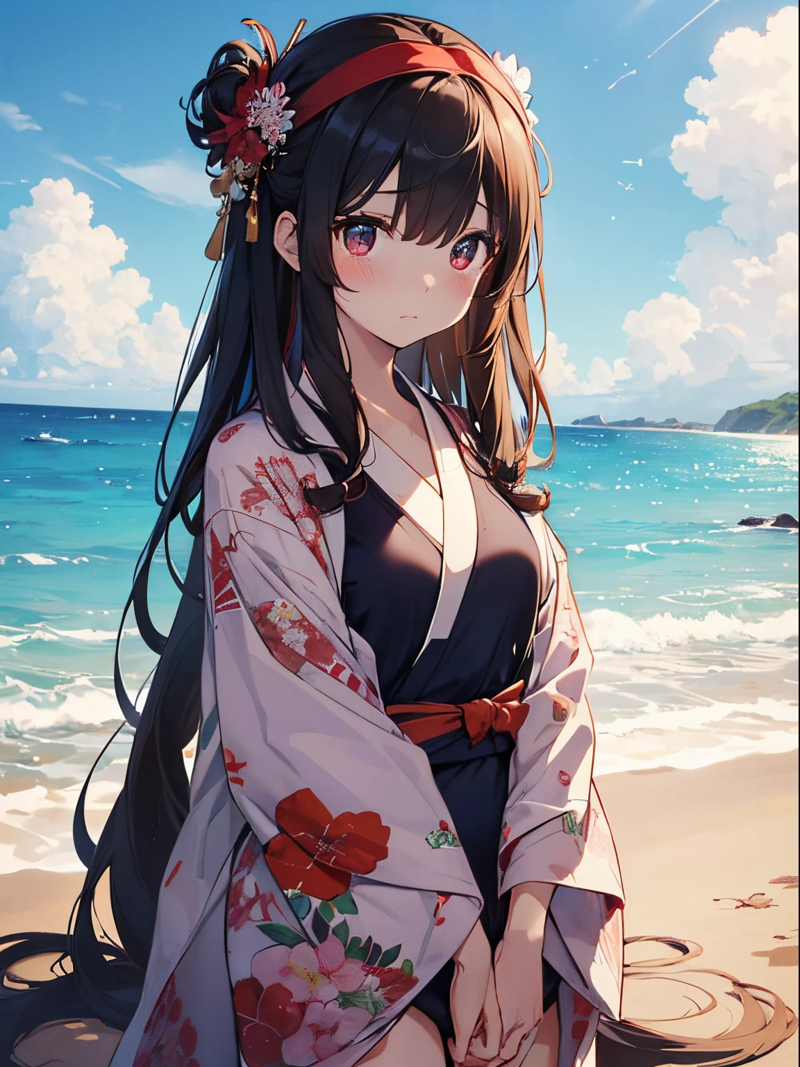 ((2D Beautiful Girl:1.5、top-quality:1.5、perfect fingers:1.1、perfect anatomia:1.1、Perfect outfit、Beautiful illustration))、cute petit girl、(transform sequence)、((cute decorative headband、Pretty kimono-style swimsuit))、8years old、Solio、Fractal Art、baby-face、((stright long hair))、Beautiful big drooping eyes、Red in the face and embarrassed、dismay、Teary-eyed、(Composition that includes the whole body)、((1人))、Blue sky and sandy beach in the background、A dark-haired、wide Shots