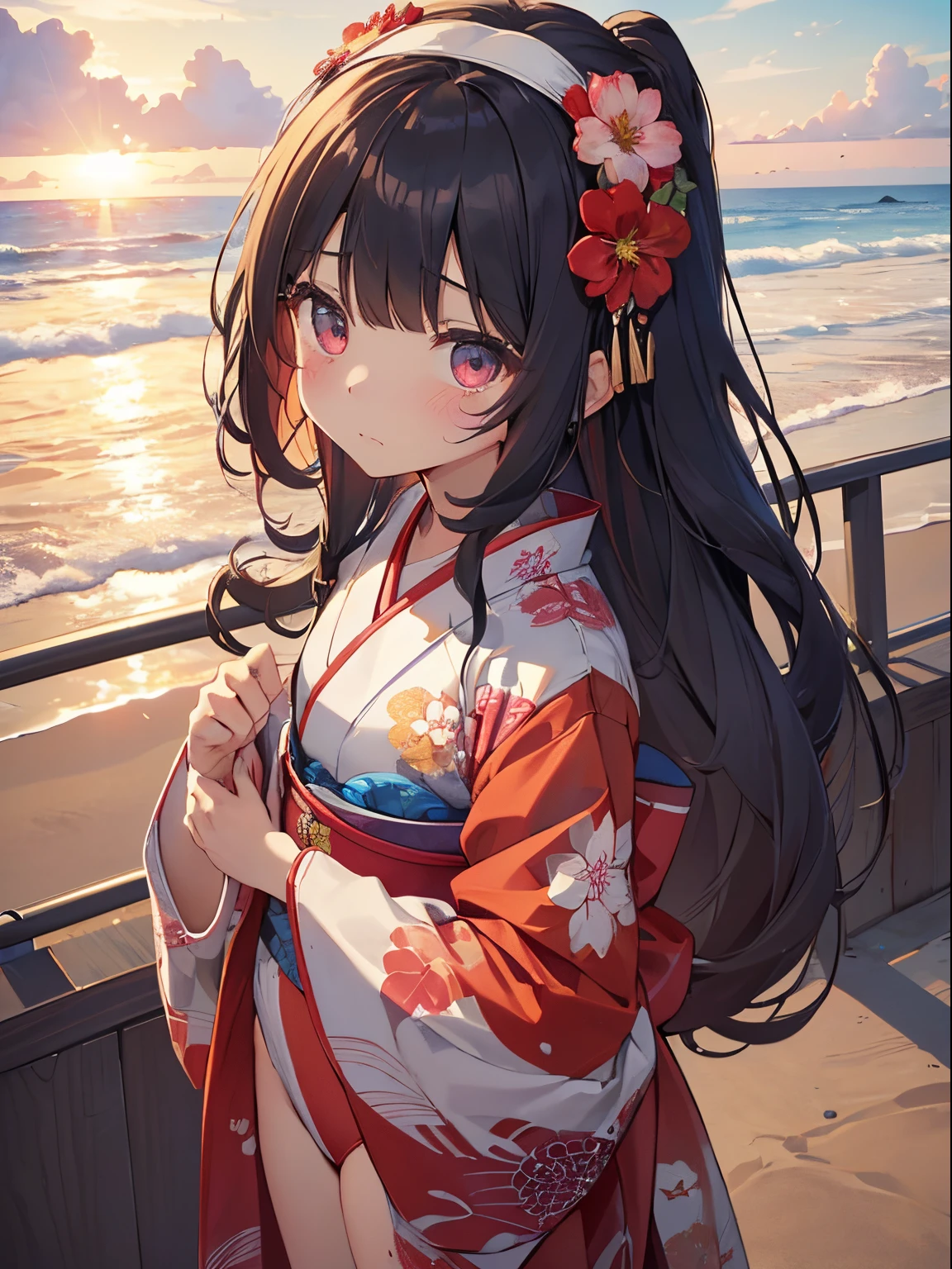 (high angle,from above,cleavage),♥(Japanese beautiful flower printed kimono,yukata),((1girl,cute,young,semi long beautiful black hair,blunt bangs,twin tales,beautiful eyes)),(solo),((masterpiece, highest resolution,best quality)), (beautiful illustration),(Japanese beautiful flower printed kimono,yukata),
(looking at the viewer), innocent smile,cinematic lighting,walking around the beach,waves,fireworks,night sky,full moon,shooting star,