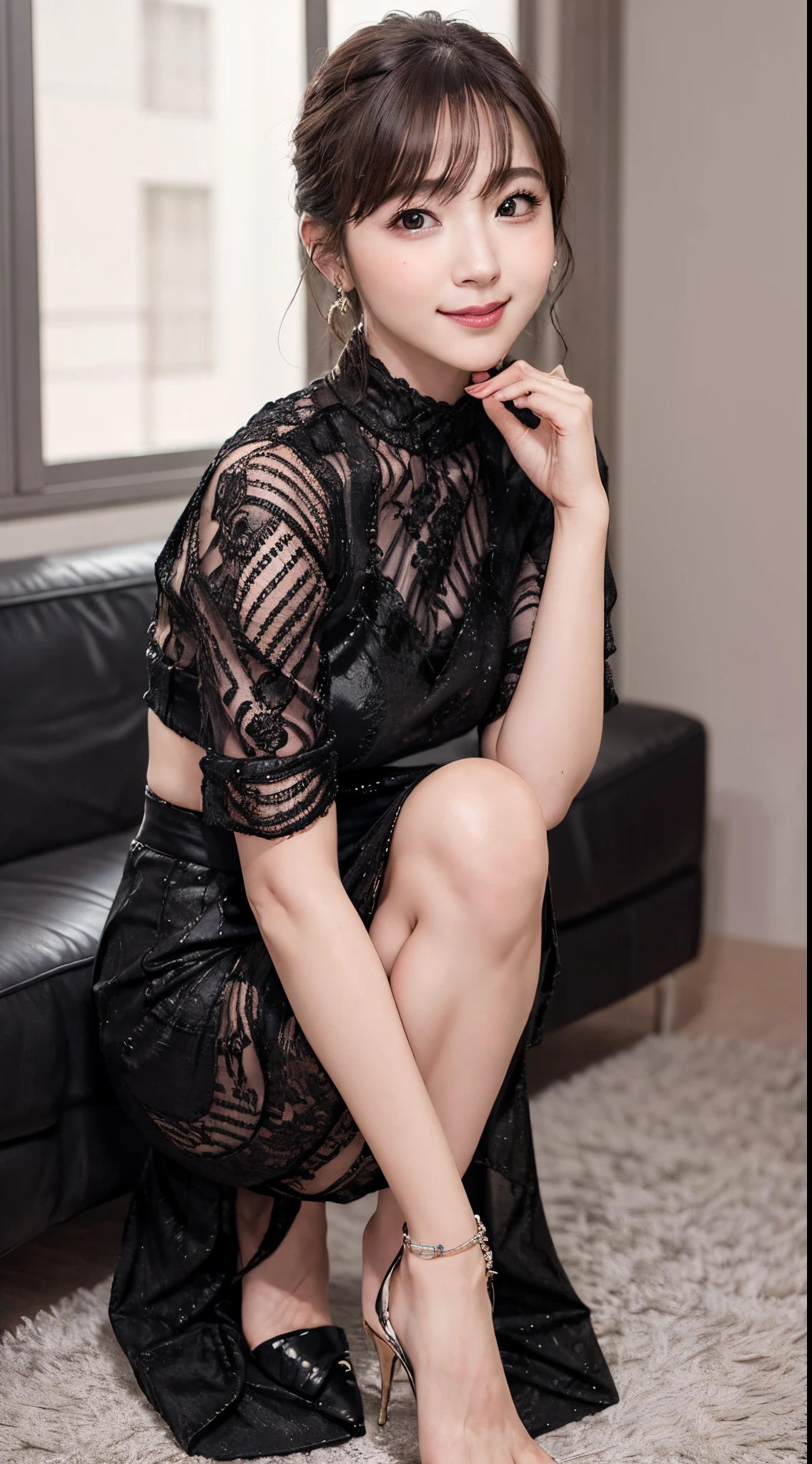 top-quality、full body Esbian、masterpiece、Dark eyebrows、超A high resolution、Photorealsitic、A highly detailed、Professional lighting smile、aquiline nose、short-hair,One lady、one beautiful women、Stand Solo、Posing like a model