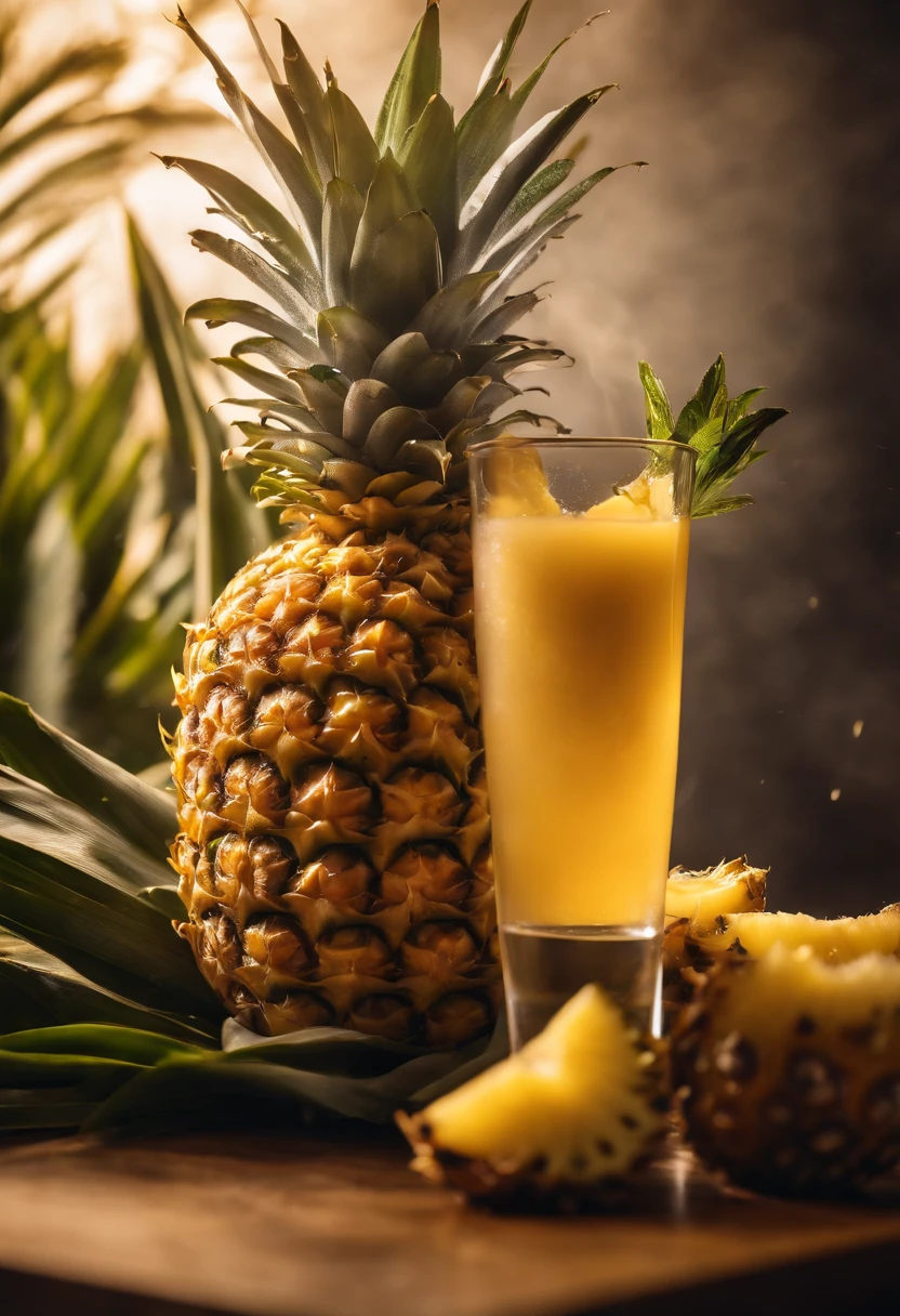 A close-up shot of a pineapple being juiced, with the golden liquid pouring into a glass, capturing the freshness and sweetness of the fruit in a visually refreshing scene.
