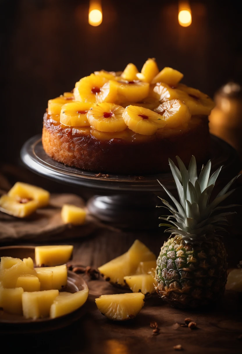 A high-resolution image of a pineapple upside-down cake, with caramelized pineapple slices on top of a moist and fluffy cake, creating a visually tempting and indulgent dessert display.
