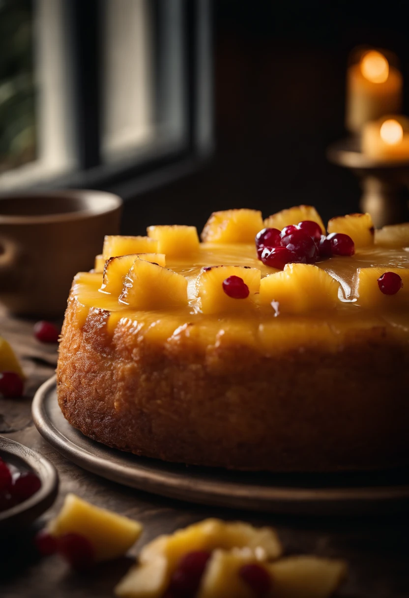 A high-resolution image of a pineapple upside-down cake, with caramelized pineapple slices on top of a moist and fluffy cake, creating a visually tempting and indulgent dessert display.