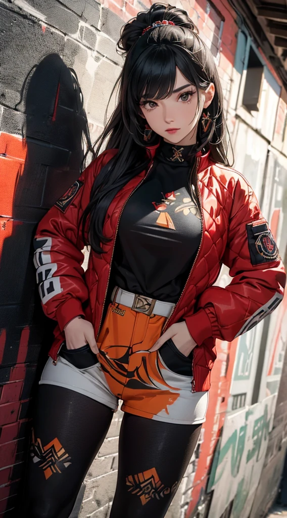 (((8k wallpaper of extremely detailed CG unit:1.2, masterpiece, hight resolution:1.2, top-quality:1.2, masutepiece))), ((a very beautiful woman, Hands in pockets:1.8, Grunge Fashion:1.2, Wear outerwear:1.2, Wearing hot pants, wearing tights and boots)), ((extra detailed face, Highly detailed black eyes:1.3, extra detailed body, Top quality real texture skins)), (A dark-haired, length hair, de pele branca), ((Colorful geometric patterns are painted all over the wall.., Colorful wall)), (Fisheye:1.3, high-angle:1.2, a closeup), hyper realisitic, digitial painting,
