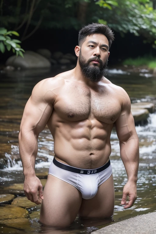 Several middle-aged men are fishing by the creek，Asian people，detailed back ground，Strong body，bellyfat，30-year-old middle-aged man，uncle, China，male people，he is about 30 years old，Rough and handsome looks，musculature，Oversized muscles，Oversized pectoral muscles，Big waist round，detailedbackground，white sexy bulge jockstrap，pubic hair, Black socks,  scowling, Best quality, Masterpiece，（musculous：1.5），（Obese：1.5），（Gray hair：1.5 ），（Gray body hair：1.5），（Skin Wrinkles：1.5），（gloss on the skin：0.5）