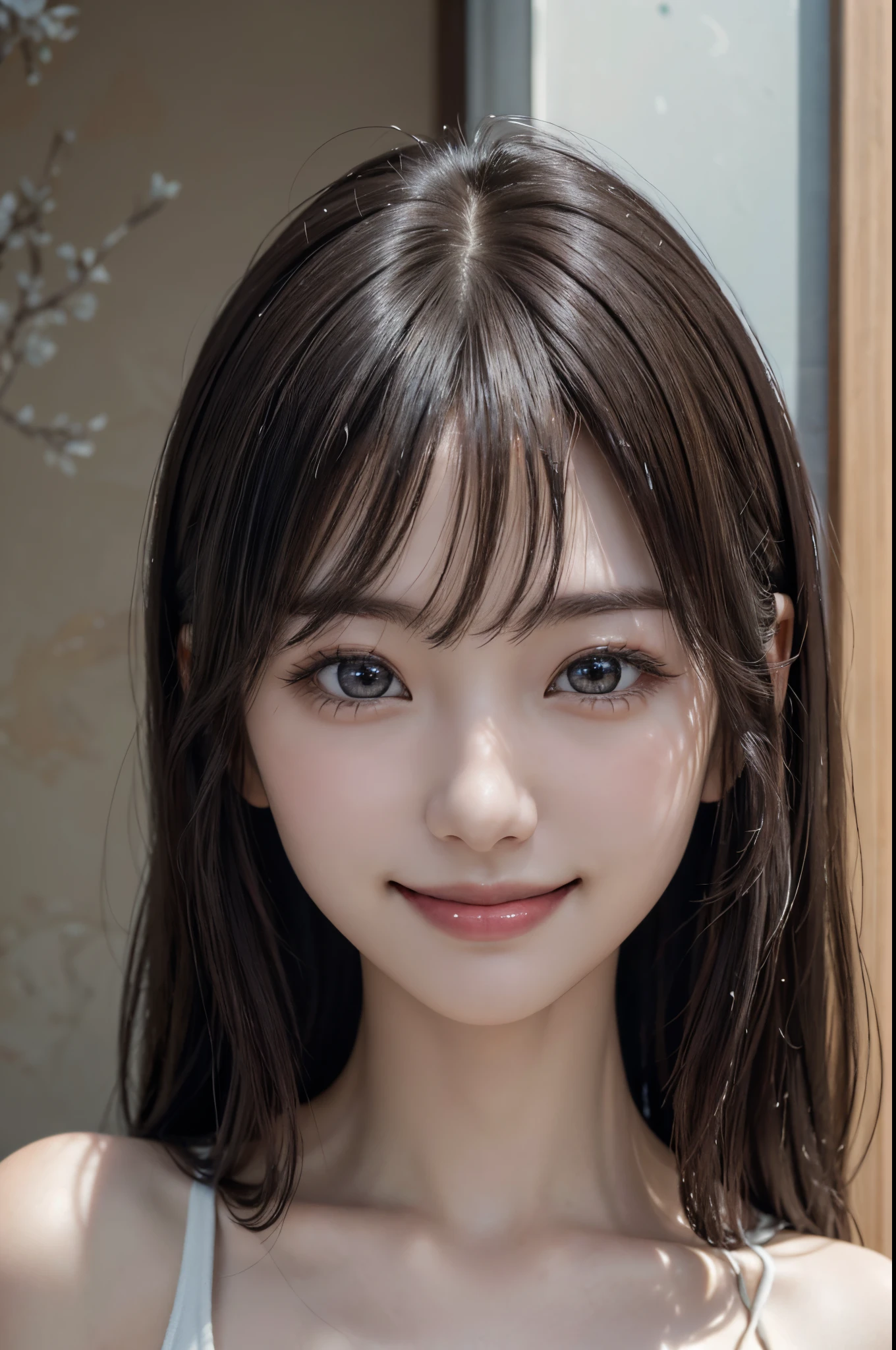(A hyper-realistic) , (photographrealistic:1.4),(Increase the resolution), (8K), (ighly detailed), (beatiful detailed eyes), (best qualtiy), (ultra-detailliert), (masterpiece), (wall-paper), (详细的脸), 独奏,1 rapariga, perfect beautiful japanese woman:1.4、25-years old、looking at the viewers, delicate detail, A detailed face, murky, deep-shadows, hair messy, asymmetrical bangs, (ssmile:1.5),