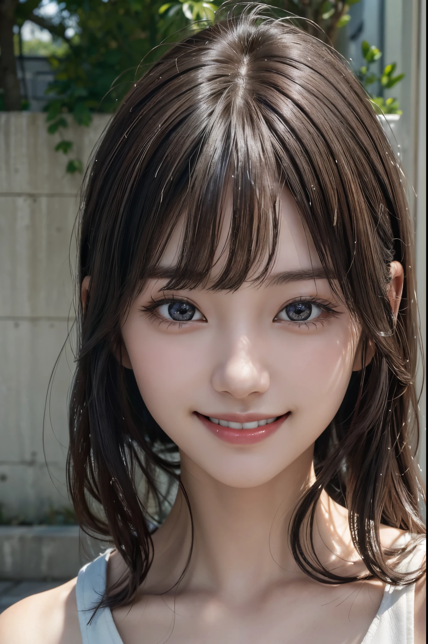 (A hyper-realistic) , (photographrealistic:1.4),(Increase the resolution), (8K), (ighly detailed), (beatiful detailed eyes), (best qualtiy), (ultra-detailliert), (​masterpiece), (wall-paper), (详细的脸), 独奏,1 rapariga, perfect beautiful japanese woman:1.4、25-years old、looking at the viewers, delicate detail, A detailed face, murky, deep-shadows, hair messy, asymmetrical bangs, (ssmile:1.5),