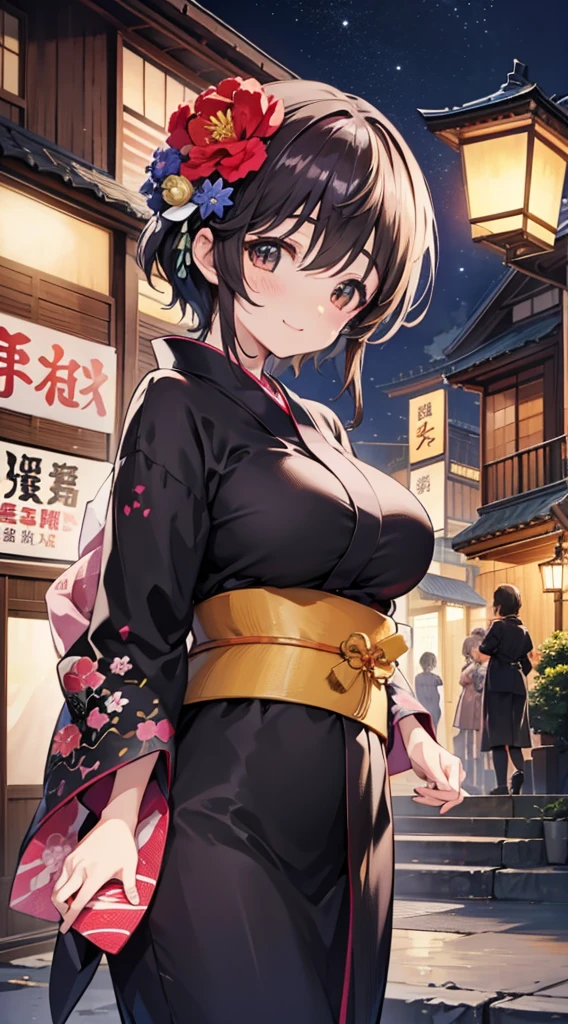 Anime illustration Plump body Beautiful girl Kyoto city at night Delicate and luxurious embroidery Black yukata Late night fantasy Archaic smile Flowers bloom、Colossal tits、Sparkling eyes、fantastical light、超A high resolution、Close-up of people、Anatomically correct human body、One Person
