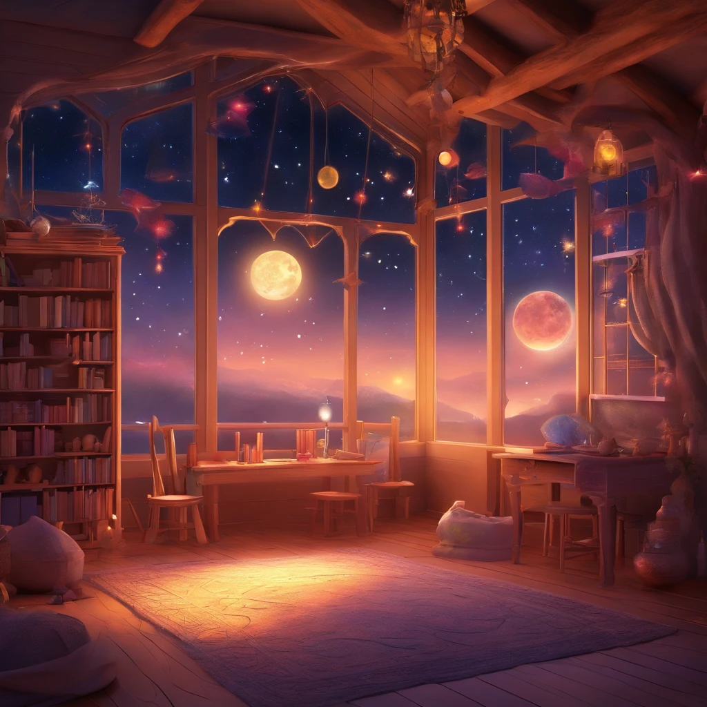 Cute playroom with lots of decorations, Photos, books and an open window for a night view of the starry sky without any characters in the room.