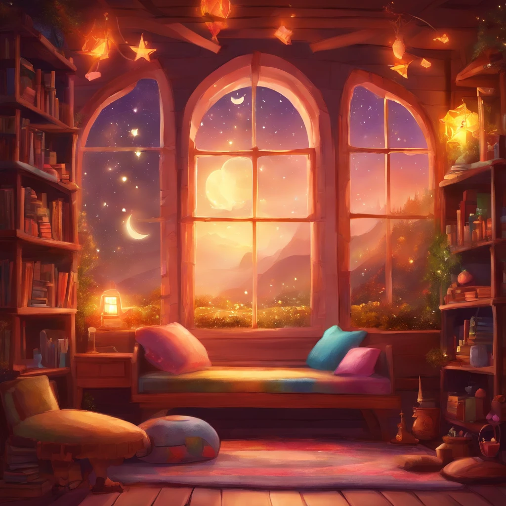 Cute playroom with lots of decorations, Photos, books and an open window for a night view of the starry sky without any characters in the room.
