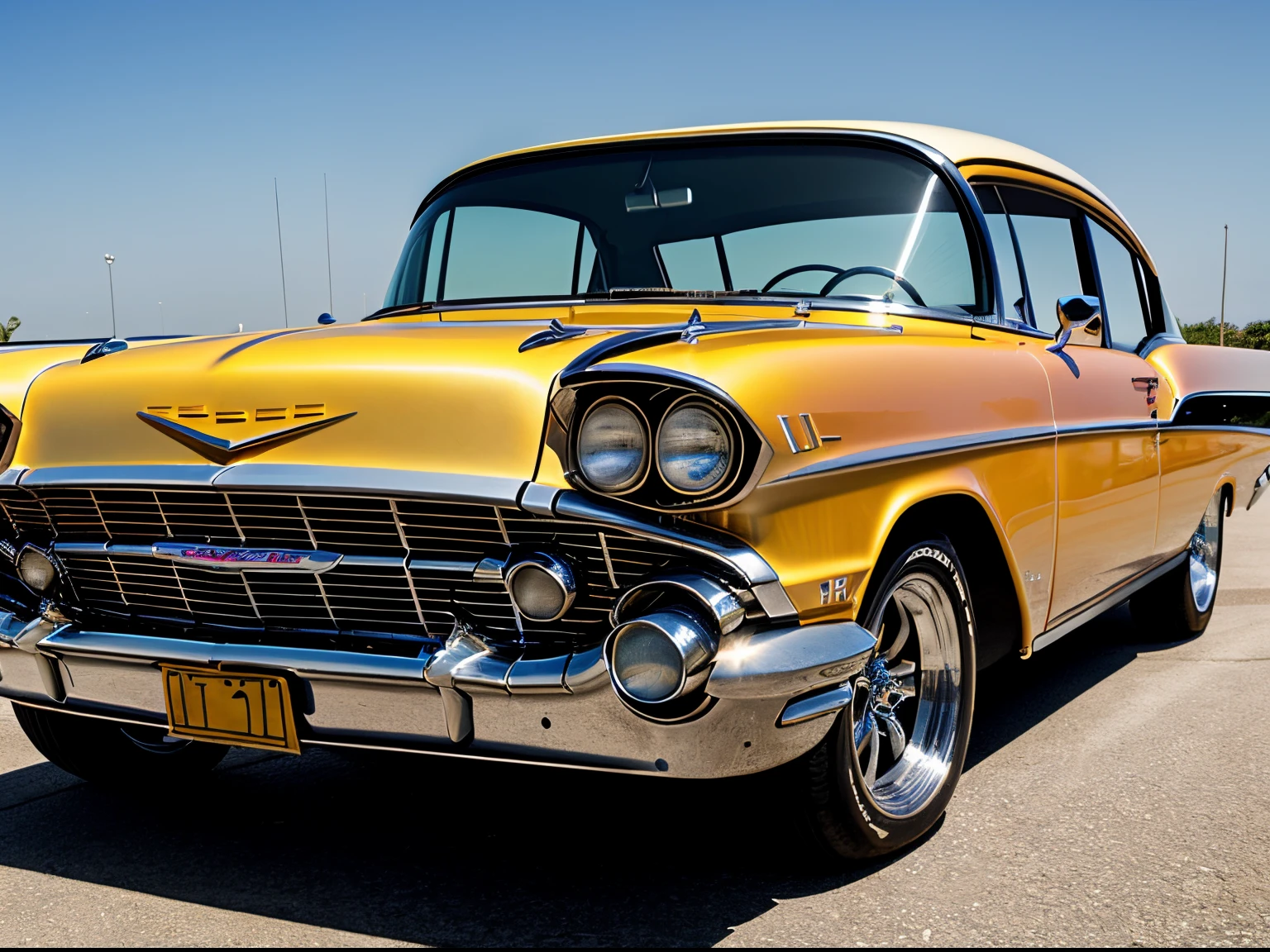 DIAGONAL CAMERA, obra prima, 1959 Chevrolet Bel Air COR cromado METALICO reflexivo, todo cromado preto, a pintura reflete a luz do sol, reflexo do brilho da luz na pintura, has GOLDEN WIDE STAR WHEEL is on fire, tem as rodas traseiras maiores, ridiculously lowered suspension at the front, dentro de uma garagem com paredes brancas, imagem em pose diagonal