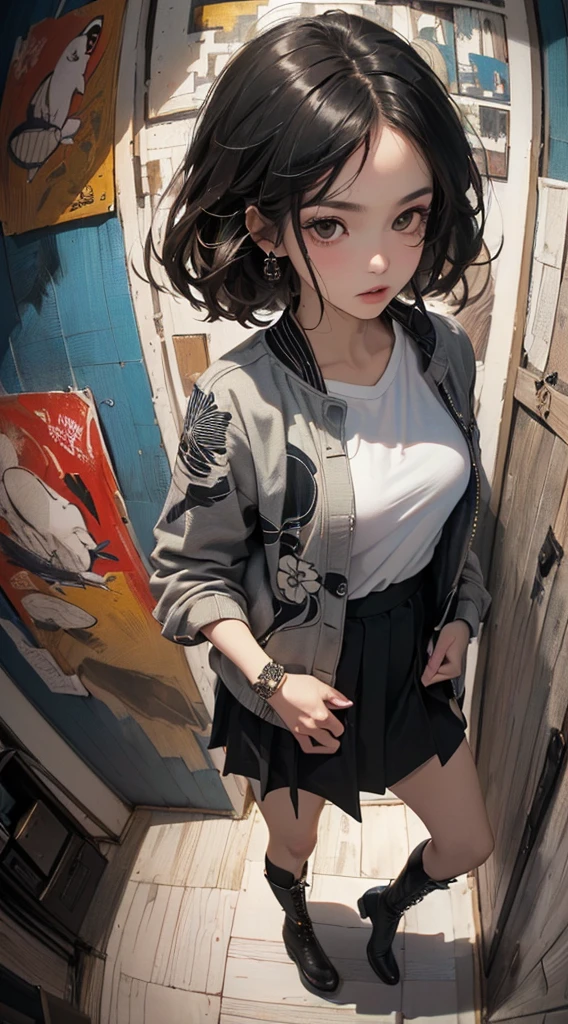(((8k wallpaper of extremely detailed CG unit:1.2, ​masterpiece, hight resolution:1.2, top-quality:1.2, masutepiece))), ((a very beautiful woman, Hands in pockets:1.8, Grunge Fashion:1.2, Wear outerwear:1.2, wearing skirt, wearing tights and boots)), ((extra detailed face, Highly detailed black eyes:1.2, extra detailed body, Top quality real texture skins)), (A dark-haired, length hair, de pele branca), ((Colorful geometric patterns are painted all over the wall..)), (high-angle:1.2, Fisheye:1.3), hyper realisitic, digitial painting,