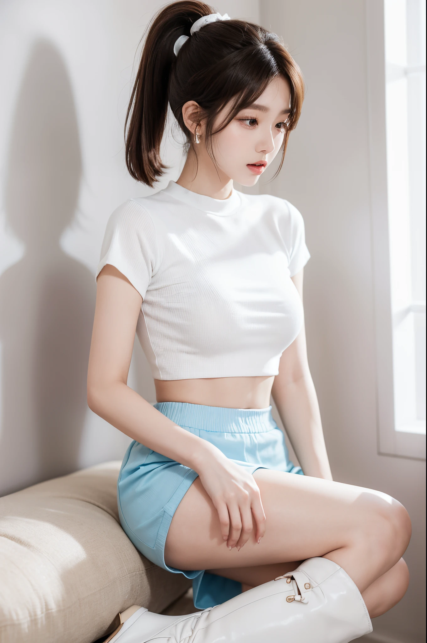 1girl, 175cm,korean kpop idol and model, 22 years old,soft body, close-up, 8k, RAW photo, best quality, masterpiece,realistic, photo-realistic,seductive,cute,A beautiful woman in a oversized tight skirt, short pants,tall white boots，Liuhai hairstyle,ponytails hairstyle , large earring ,