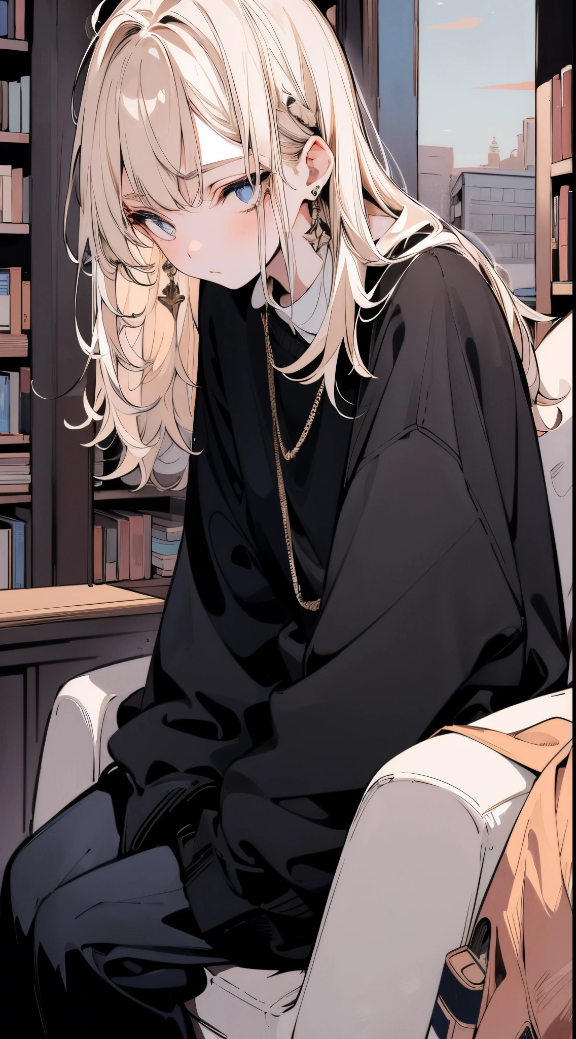 ((masterpiece,best quality)) frontal face, front view, Shy, Feminine boy, blonde hair, dress shirt with  sweater ontop, messy mullet, home  library background, straight front center, sit pose