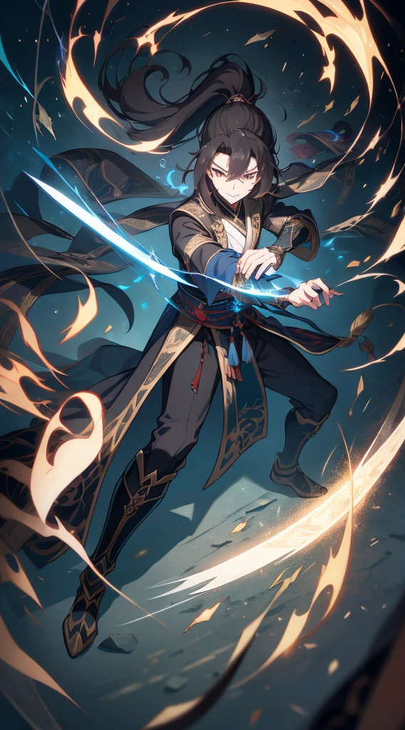 （Huang Li，A high resolution，ultra - detailed），tmasterpiece，Best quality at best，Boys with long hair and high ponytail，with sword，独奏，Handsome，Short hair details，black hair color hair，Detailed faces，Fighting posture，attack pose，（longer sleeves）Sword holding posture，dramatic scene，swirles，spark of light，swirls of magic