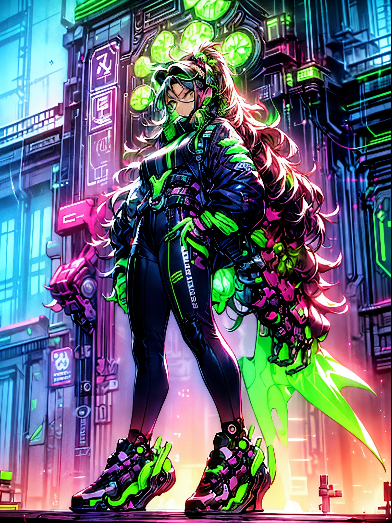 a cyberpunk model posing in a neon city, zooglefloodle, synthwave art, futurism, pop art, digital painting, graffiti art, fuchsia, cyan, silver, black, neon, sleek, geometric, tilted angle, cinematic lighting, highly stylized, cyberpunk, avant-garde perspective