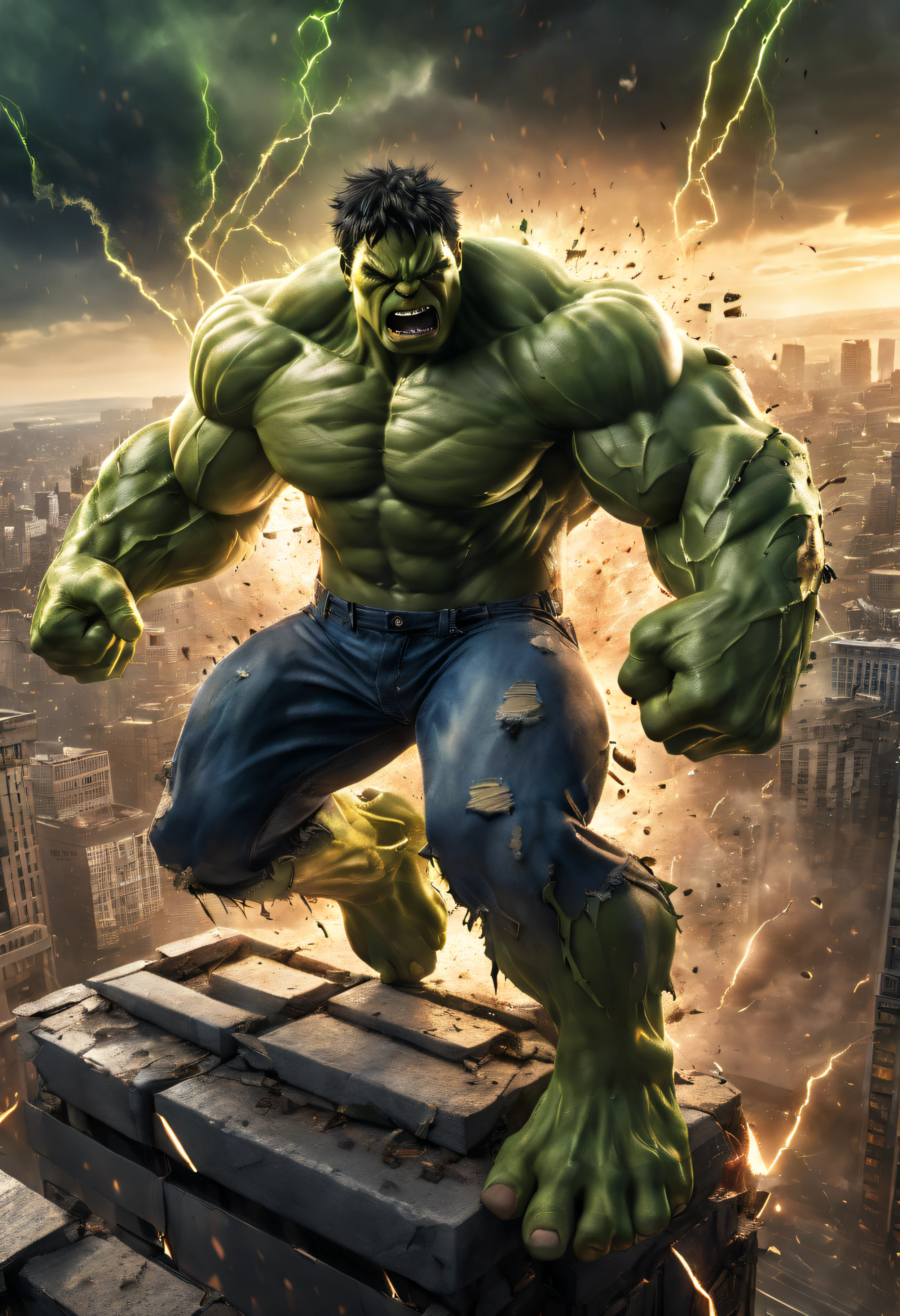 (best quality,highres:1.2),HDR,ultra-detailed,extremely detailed Hulk, intense fighting scenes, vivid colors, explosive special effects, dramatic lighting, comic book style, muscular physique, fierce expressions, dynamic angles, shattered debris, cinematic atmosphere, powerful punches, adrenaline-fueled action, raging emotions, epic confrontation, larger-than-life battle, city skyline backdrop, high-impact poses, energy blasts, dynamic motion lines, dramatic shadows, intense close-ups, heightened intensity, superheroic proportions, atmospheric smoke, crumbling buildings, thunderous impact, electrifying sparks, glowing eyes, iconic green skin, furious roars, epic power display, chaotic destruction, iconic hero, awe-inspiring strength.