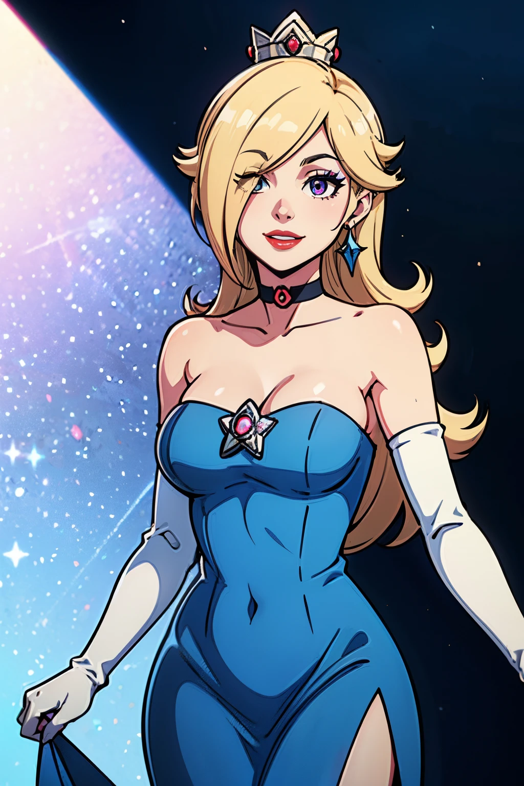 rosalina, crown, blue dress, long dress, strapless dress, long white elbow gloves, smile, light red lipstick, dark purple eye shadow, makeup, black choker, cowboy shot