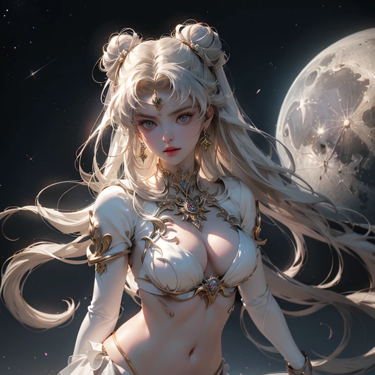 obra prima、corpo inteiro, Ful:1.3、stands、8k、。.......3d、realisitic、Ultra Micro Fotografia、qualidade superior、Wallpapers with extreme details CG Unity 8k、de baixo、detalhes intrincados、(1 female)、28 anos、(bikini branco, lua eterna do marinheiro)、(Loira incrivelmente longa e brilhante de duas caudas:1.4、Loira de cauda dupla reta fina e muito longa, hair buns、Ornamento de cabelo redondo vermelho em um coque de cabelo)、very suitable and suitable high gloss white holographic leather、Sexy high-shine white silver bikini with high-leg cut that shines like oil, Pose de modelo sexy:1.2、dynamicposes:1.2,(Detalhes do rosto:1.5、olhos azuis、beautiful expression、Olhos belos、Iris sketch, Olhos com destaques、Lips up:1.5、up to, Sharp, pale eyebrows,、long eyeslashes、Double eyelashes、up to, para cima e musculosos,,um rosto pequeno、peito alto e grande、perfectly proportions、seios grandes cintura fina、visible pore、sorriso sedutor、perfect hand:1.5、octan render、highly dramatic picture、(divindade lunar,cosmic background、Raios ao luar、uma lua、Dynamic backgrounds、exquisite lighting and shadow、dynamic nail、Antecedentes detalhados),Luz natural forte、luz solar、Digital SLR、foco nítido: 1.0、Maximum clarity and sharpness、Mecha Musume,(coelho, coque duplo, bicaudal, Faixa separada, circlet, jewelries, brincos, gargantilha, red bow, luvas brancas, Bosques de Cotovelo