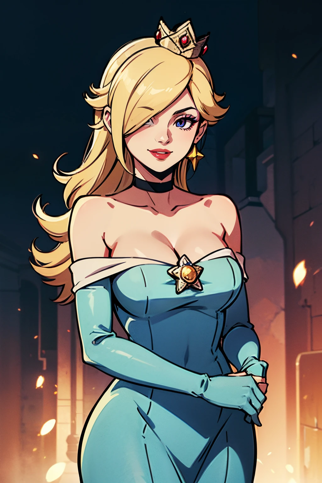 rosalina, crown, blue dress, long dress, strapless dress, long white elbow gloves, smile, light red lipstick, dark purple eye shadow, makeup, black choker, cowboy shot
