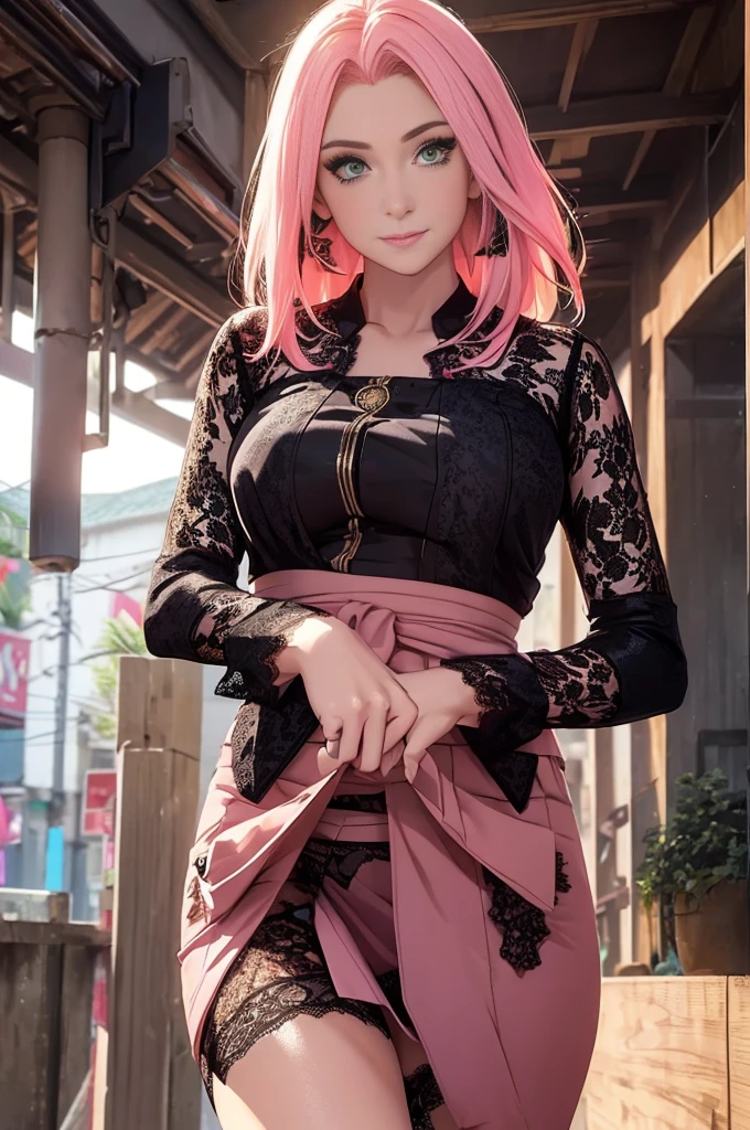 1girl,sakura shippuden,bandaged leg,pink hair,bangs, green eyes, s,masterpiece,best quality,night view,rainy,cyberpunk city,wet clothes, kebaya_bali,(green_kebaya_bali:1.3),large breasts,happy expression,(show nipples:1.4) ,transparent dress ,show armpits,get raped by 1 man,(skirt lift:1.5),(black lace panties:1.4),looking at viewer