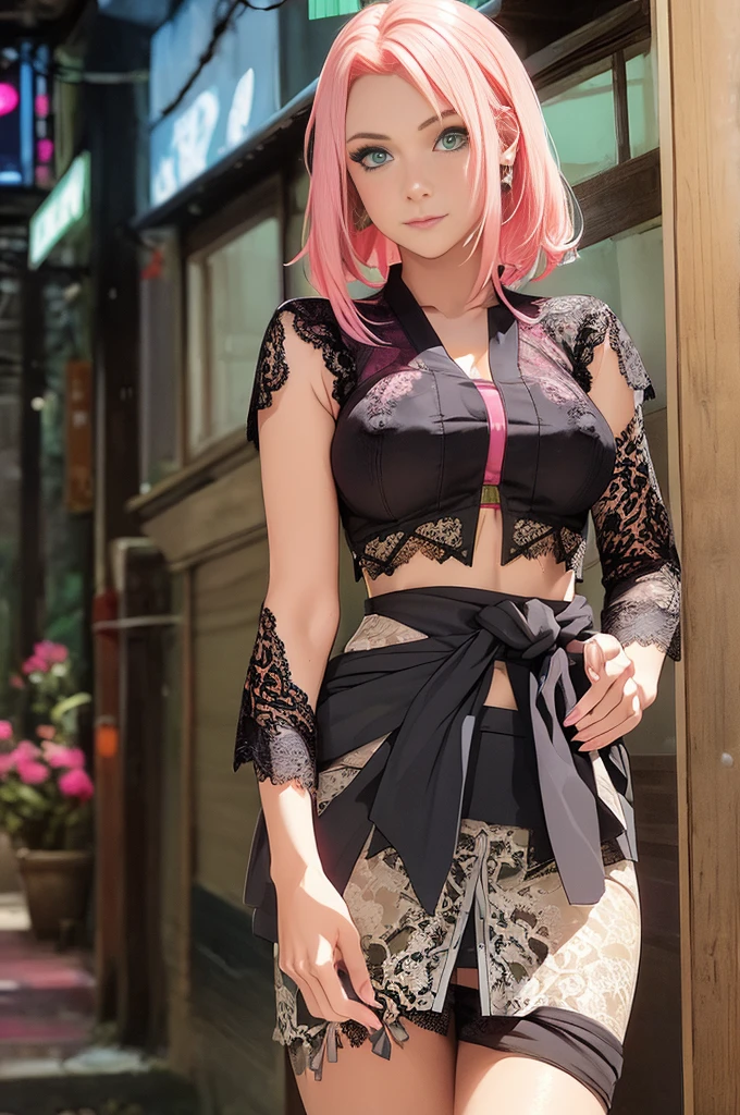 young woman pale skin, long bubblegum pink hair, pink eyebrows, big jade green eyes, buttoned nose, peach lips, small breasts, wide forehead, flower and butterfly kimono, Sakura Haruno, realistic, 3d