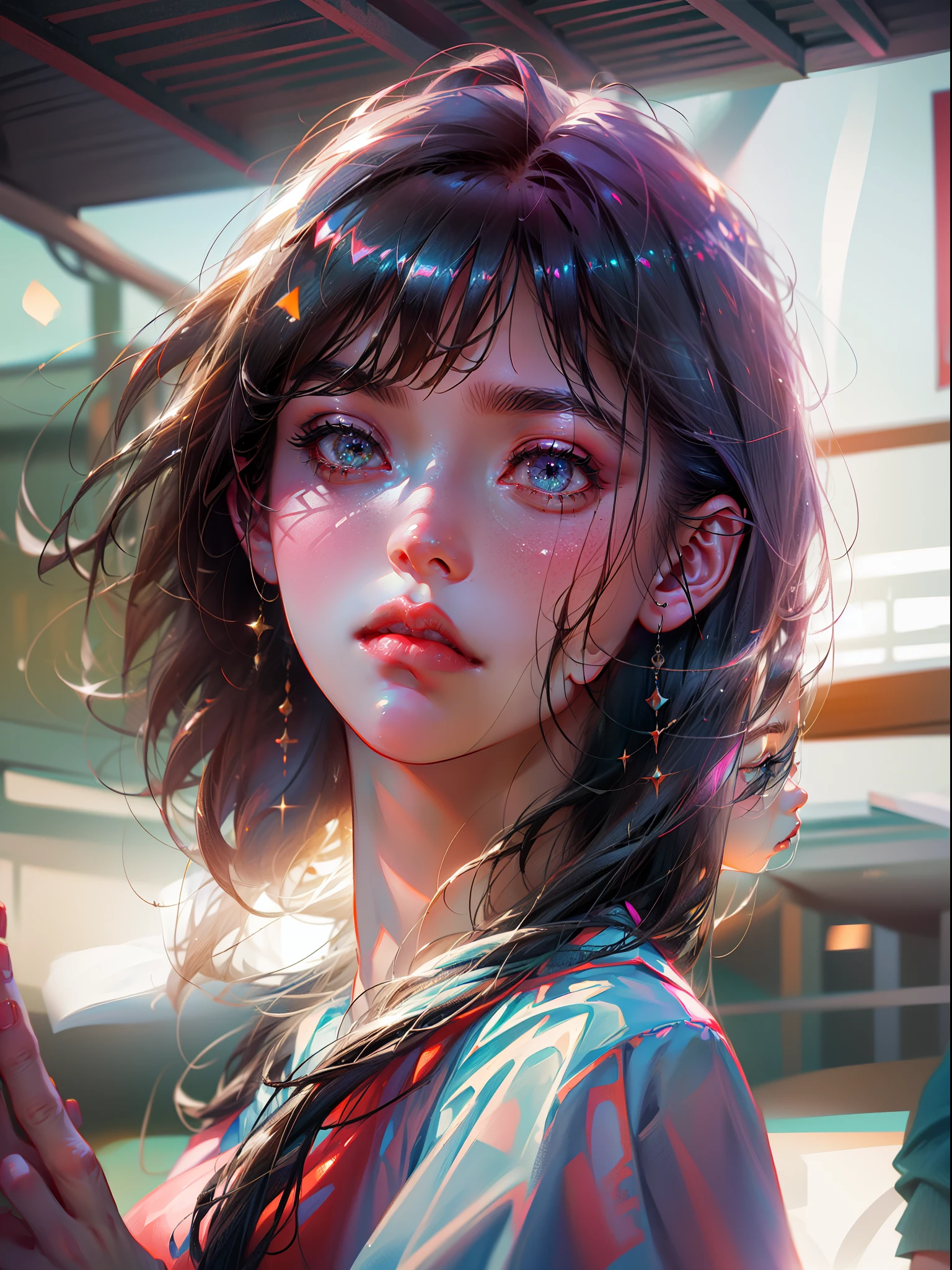 (8k, best quality, masterpiece:1.2), (realistic, photo-realistic:1.37), ultra-detailed,best quality, ultra high res, professional lighting, photon mapping, radiosity, physically-based rendering, cinematic lighting, basketball court,depth of field, sharp focus,sunbeam, good composition,(bokeh:1.2) 1girl,solo,(full body), (closed mouth),beautiful detailed eyes, pose, narrow waist,basketball uniform, black hair,messy hair,long hair floating in wind,(ulzzang-6500:1.2),  mix4, hiqcgbody