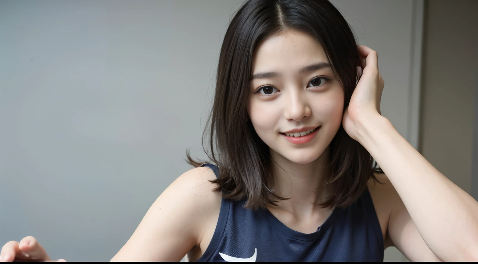 (Photo Real:1.4)、(hyper realisitic:1.4)、(realisitic:1.3)、（Gray background：1.5）、（Photorealsitic：1.4）、（top-quality：1.0）、（超A high resolution：1.0）、8K、Raw photography、（​masterpiece：0.2）、女の子1人、length hair、Beautiful skins、Black eyes、A smile、tiny chest、（sports wear：1.4）、