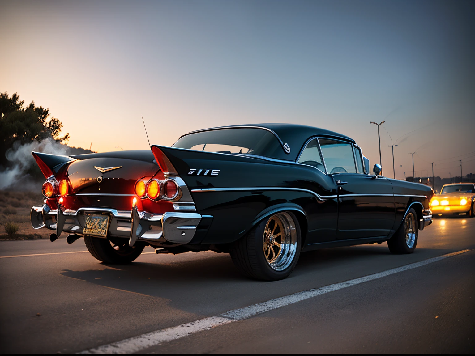 1959 Chevrolet Bel Air limousine convertible skidding on the road, accelerating and smoking the rear tires , sujo, estragado, quebrado, amassado, wrecked, estilo madmax, Post-apocalypse environment, em uma estrada no meio do deserto quente, tem uma mulher dirigindo este carro, o carro possui RODA ESTRELA, RODA LARGA E EFEITO DE RODA GIRANDO, COLOR BLACK METALLIC, Headlights on, VIDROS ESCUROS OPACOS, DETALHES EM COR DOURADO, FRISOS EM COR DOURADA,  The car is on fire, It's on fire, queimando, pegando fogo no motor, chamas lindas e fortes, fire on engine, fogo em toda parte