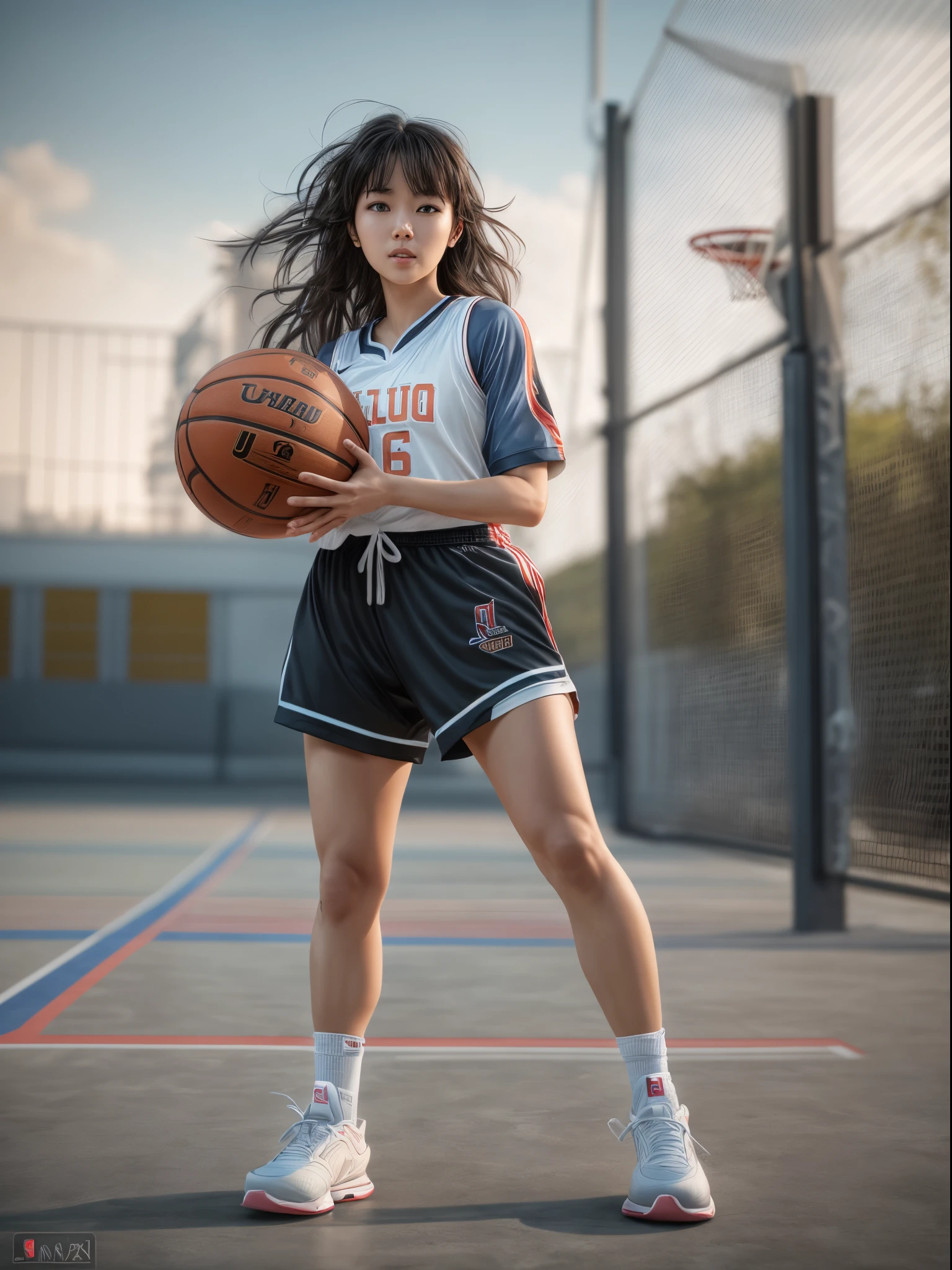 (8k, best quality, masterpiece:1.2), (realistic, photo-realistic:1.37), ultra-detailed,best quality, ultra high res, professional lighting, photon mapping, radiosity, physically-based rendering, cinematic lighting, basketball court,depth of field, sharp focus,sunbeam, good composition,(bokeh:1.2) 1girl,solo,(full body), (closed mouth),beautiful detailed eyes, pose, narrow waist,basketball uniform, black hair,messy hair,long hair floating in wind,(ulzzang-6500:1.2), mix4, hiqcgbody