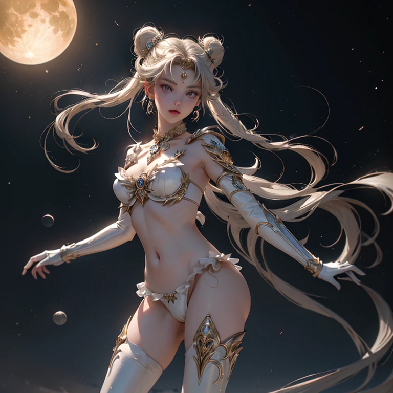 obra prima、standing pose, Ful:1.3、stands、8k、。.......3d、realisitic、Ultra Micro Fotografia、qualidade superior、Wallpapers with extreme details CG Unity 8k、de baixo、detalhes intrincados、(1 female)、28 anos、(bikini branco, lua eterna do marinheiro)、(Loira incrivelmente longa e brilhante de duas caudas:1.4、Loira de cauda dupla reta fina e muito longa, hair buns、Ornamento de cabelo redondo vermelho em um coque de cabelo)、very suitable and suitable high gloss white holographic leather、Sexy high-shine white silver bikini with high-leg cut that shines like oil, Pose de modelo sexy:1.2、dynamicposes:1.2,(Detalhes do rosto:1.5、olhos azuis、beautiful expression、Olhos belos、Iris sketch, Olhos com destaques、Lips up:1.5、up to, Sharp, pale eyebrows,、long eyeslashes、Double eyelashes、up to, para cima e musculosos,,um rosto pequeno、peito alto e grande、perfectly proportions、seios grandes cintura fina、visible pore、sorriso sedutor、perfect hand:1.5、octan render、highly dramatic picture、(divindade lunar,cosmic background、Raios ao luar、uma lua、Dynamic backgrounds、exquisite lighting and shadow、dynamic nail、Antecedentes detalhados),Luz natural forte、luz solar、Digital SLR、foco nítido: 1.0、Maximum clarity and sharpness、Mecha Musume,(coelho, coque duplo, bicaudal, Faixa separada, circlet, jewelries, brincos, gargantilha, red bow, luvas brancas, Bosques de Cotovelo