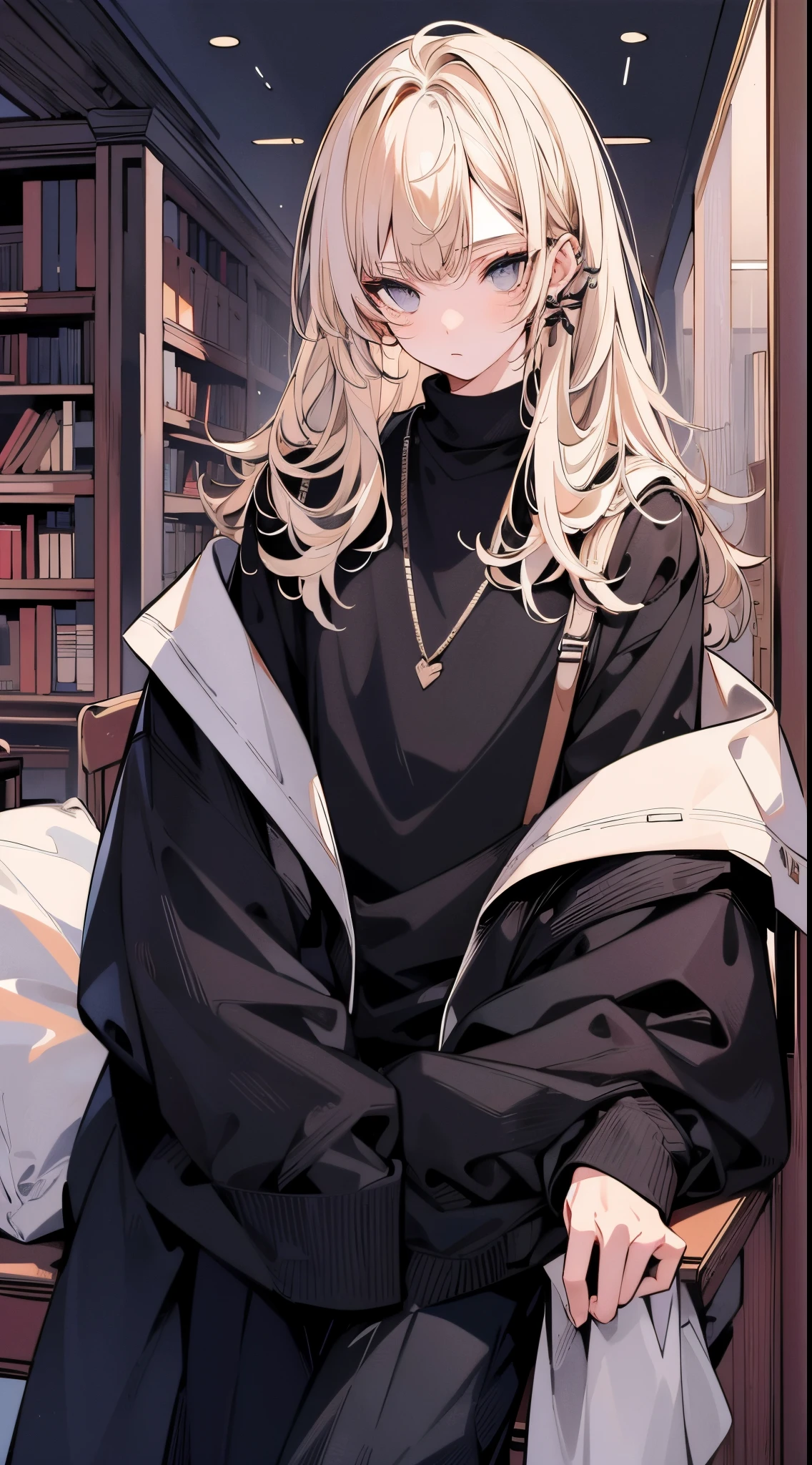 ((masterpiece, best quality)) frontal face, frontal body, front view, Shy, Feminine boy, blonde hair, dress shirt with sweater ontop, messy mullet, home library background, straight front center, sit pose