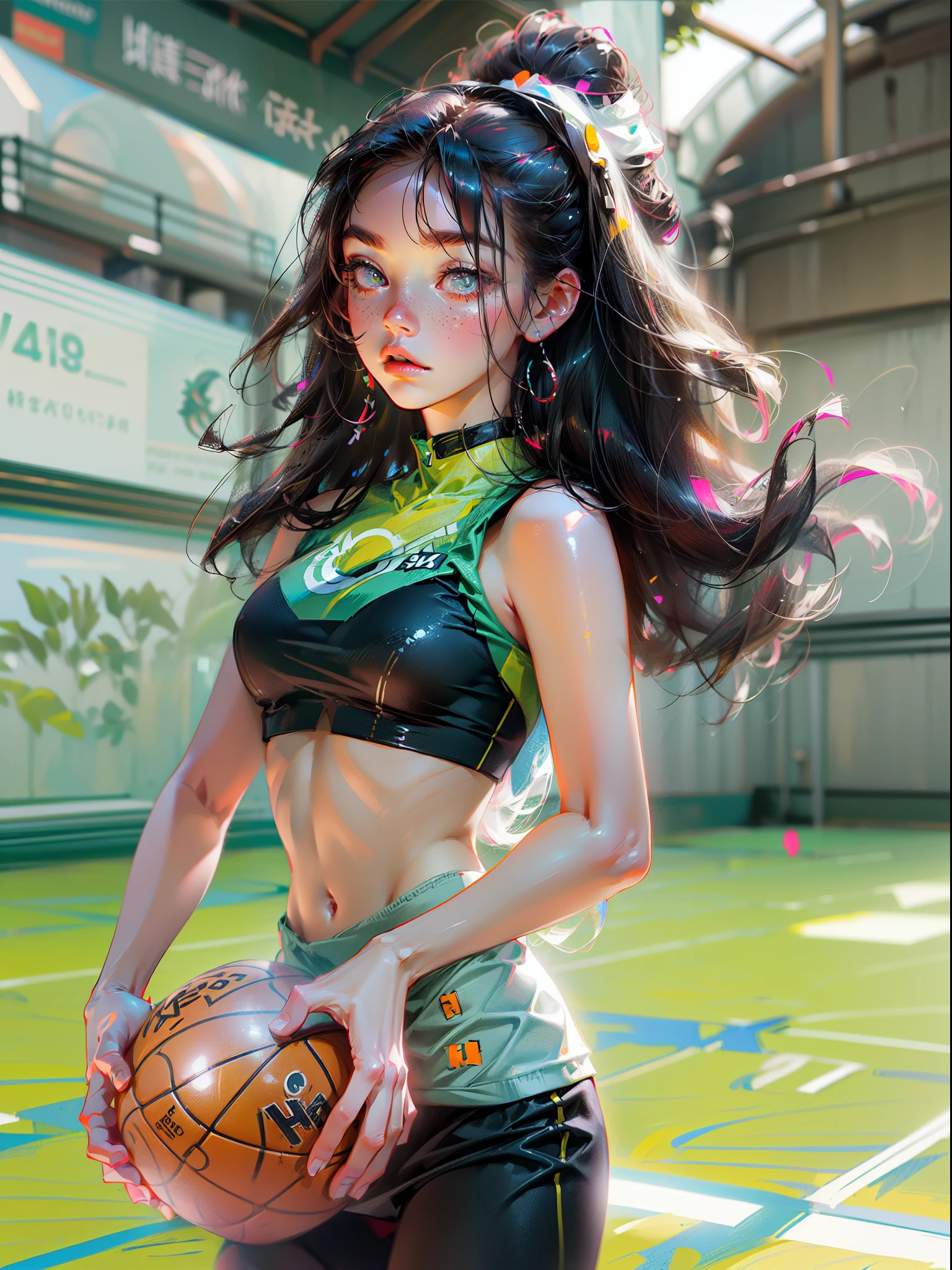 (8k, best quality, masterpiece:1.2), (realistic, photo-realistic:1.37), ultra-detailed,best quality, ultra high res, professional lighting, photon mapping, radiosity, physically-based rendering, cinematic lighting, basketball court,depth of field, sharp focus,sunbeam, good composition,(bokeh:1.2) 1girl,solo,(full body), (closed mouth),beautiful detailed eyes, pose, narrow waist,basketball uniform, black hair,messy hair,long hair floating in wind,(ulzzang-6500:1.2), mix4, hiqcgbody