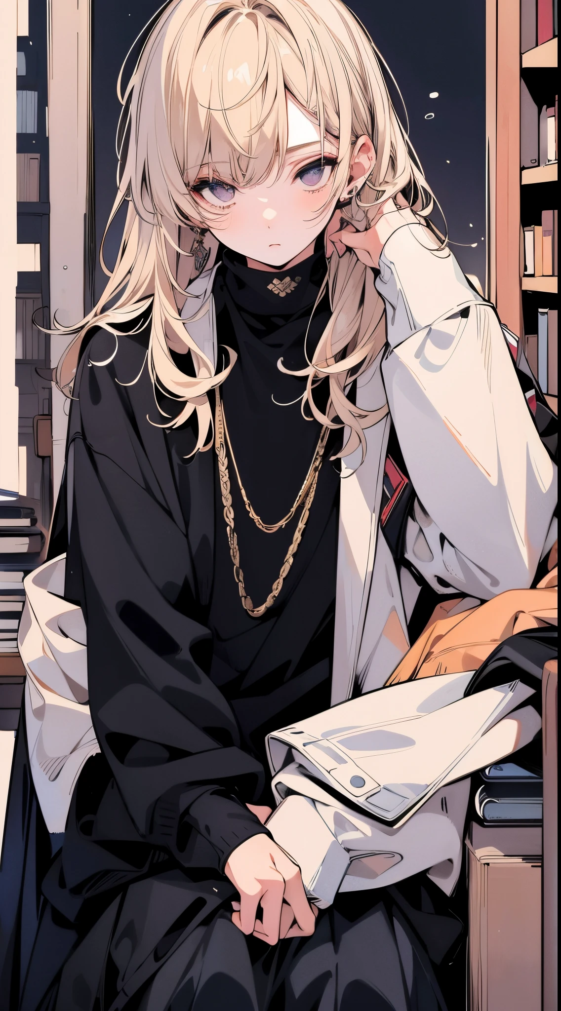 ((masterpiece, best quality)) frontal face, frontal body, front view, Shy, Feminine boy, blonde hair, dress shirt with  sweater ontop, messy mullet, home  library background, straight front center, sit pose