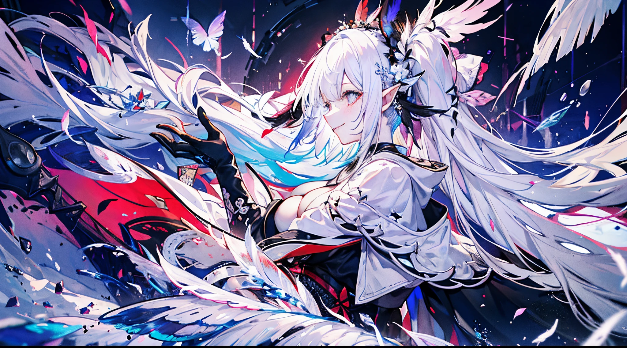 ((tmasterpiece:1.4,Best quality at best))+,(hyper-detailing)+,(Ultra-detailed eyes)+,(winged ears,pointy ears:1.5),
(cute girls),18yr old,(Red pupils:1.15),cabelos preto e longos,White ponytail,Bushy hair(wariza:1.2),pale-skinned,seduct smile,crystal,white bird feathers,Empty eyes
(She wears a conservative black and white kimono,red pattern:1.5),(black colored leggings:1.4)The sleeves are long,Red bird feather headdress,Black clouds and snowy mountains,fragment crystallization ,black fingernails,tear drop,gray cloak,black and white gloves,black long boots,Black veil,Red giant eyes,wine jugs
(bird feathers:1.1),
(dawn light:1.2),
(Thick black and white:1.16),(depth of fields:1.4),Complicated details,color mixing,Detailed route,Excellent,super detailing,The content is very detailed,(hight contrast:1.11),ventania,Amazing cleavage,beautidful eyes,messy hair,(best illuminate,Extremely Delicately Beautiful), ((movie light lighting)), (seen from the side:1.3),8K,tmasterpiece,Best quality at best,cinematic Film still from,1 plump girl,floating in sky,Intertwined clouds,clouds,(Close-up cleavage:1.1),bright,cheerfulness,Interesting,gentlesoftlighting,(bauhause,shape,line engineering,Abstract:1.1)offcial art, Unity 8k壁纸, ultra - detailed, Beautiful and beautiful, tmasterpiece, Best quality at best, (dynamic angle:1.4),romantic depth of field exotic_dance,PerfectNwsjMajic,(tmasterpiece,top-quality,Best quality at best,offcial art,Beauty and aesthetics:1.2),The content is very detailed,rich colourful,highest details,