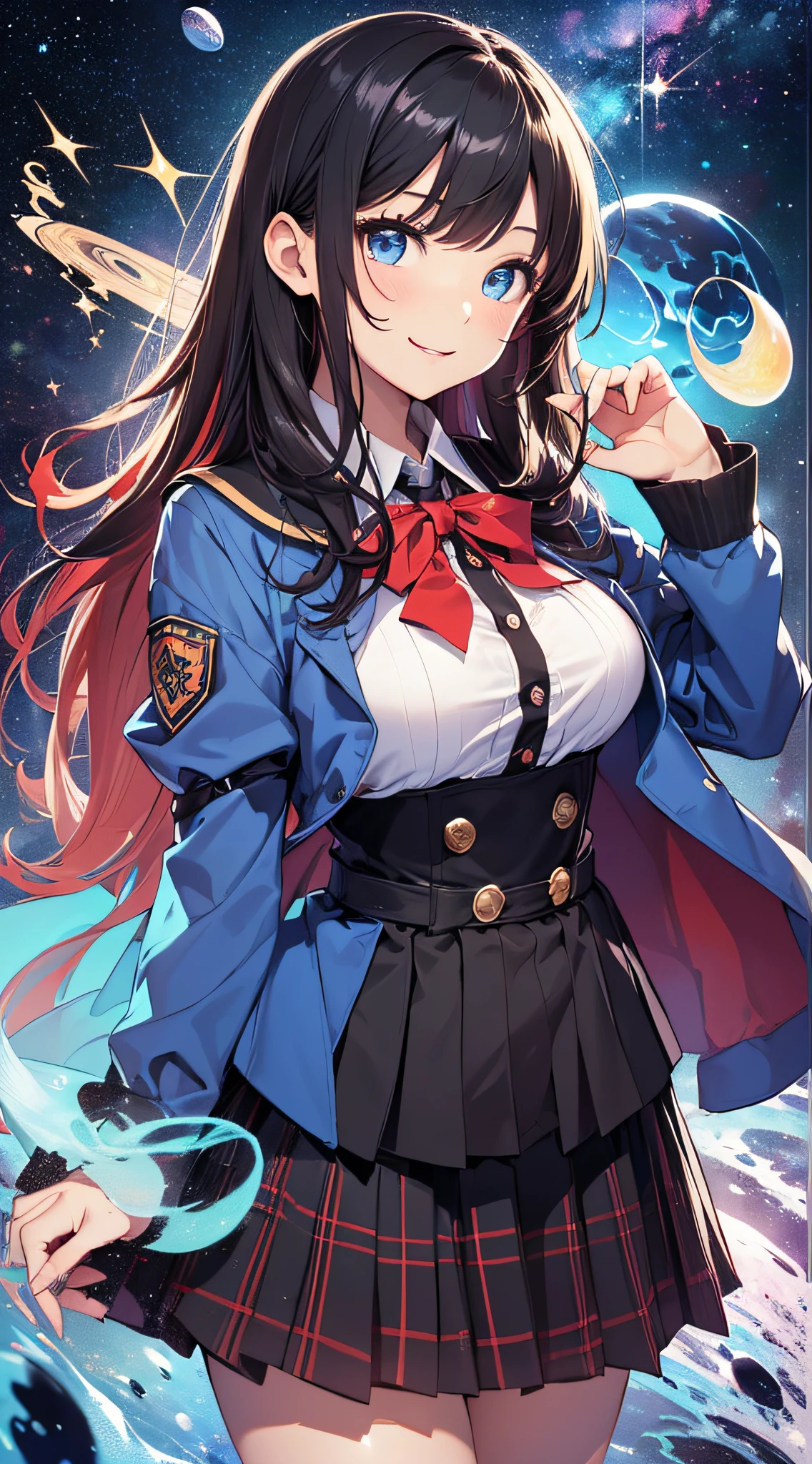top-quality、Top image quality、​masterpiece、girl with((sixteen years old、teen ager、cute little、Best Bust、big bast,Beautiful blue eyes、Breasts wide open, Dark hair、red hairs、Longhaire、A slender,Large valleys、,black and school uniform、A smile、floating state、blue cloak、)),hiquality、Beautiful Art、Background with((cosmic space、weightless、floating state)))、,masutepiece、visualart、depth of fields、