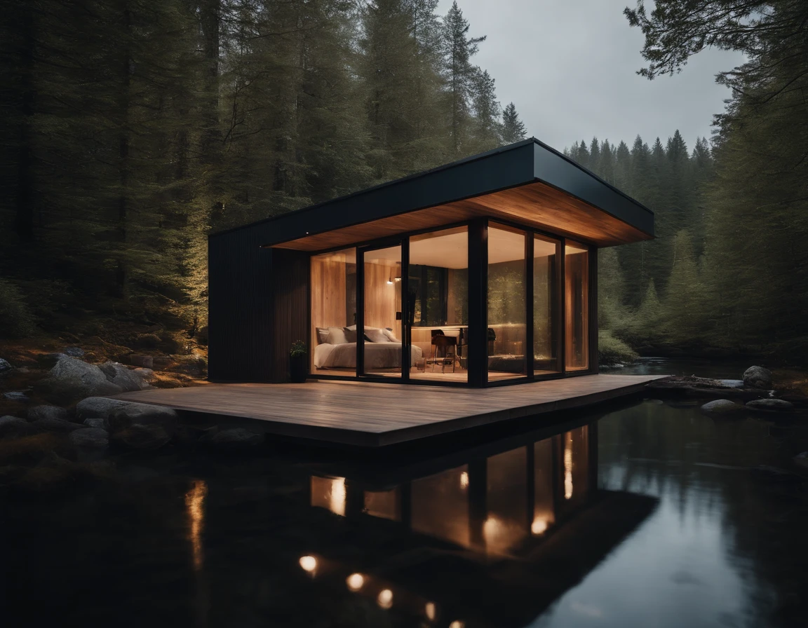 Exterior view of a tiny house in a Scandinavian nature, standing wood panel, panorama glass windows, forests, waterfall inside atrium, rocks, natural pond of water, futuristic, modern, large terrass