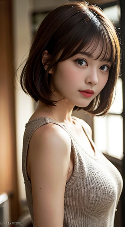 (8K, Raw photo:1.2),Detailed face and eyes,Best Quality, 超A high resolution, Highly detailed ,intricate detailes ,masutepiece ,Cute Girl , Soft cinematic light, Hyper-detailing,Sharp Focus, High quality,a blond, bob cuts, tits out, knit, The mesh is large