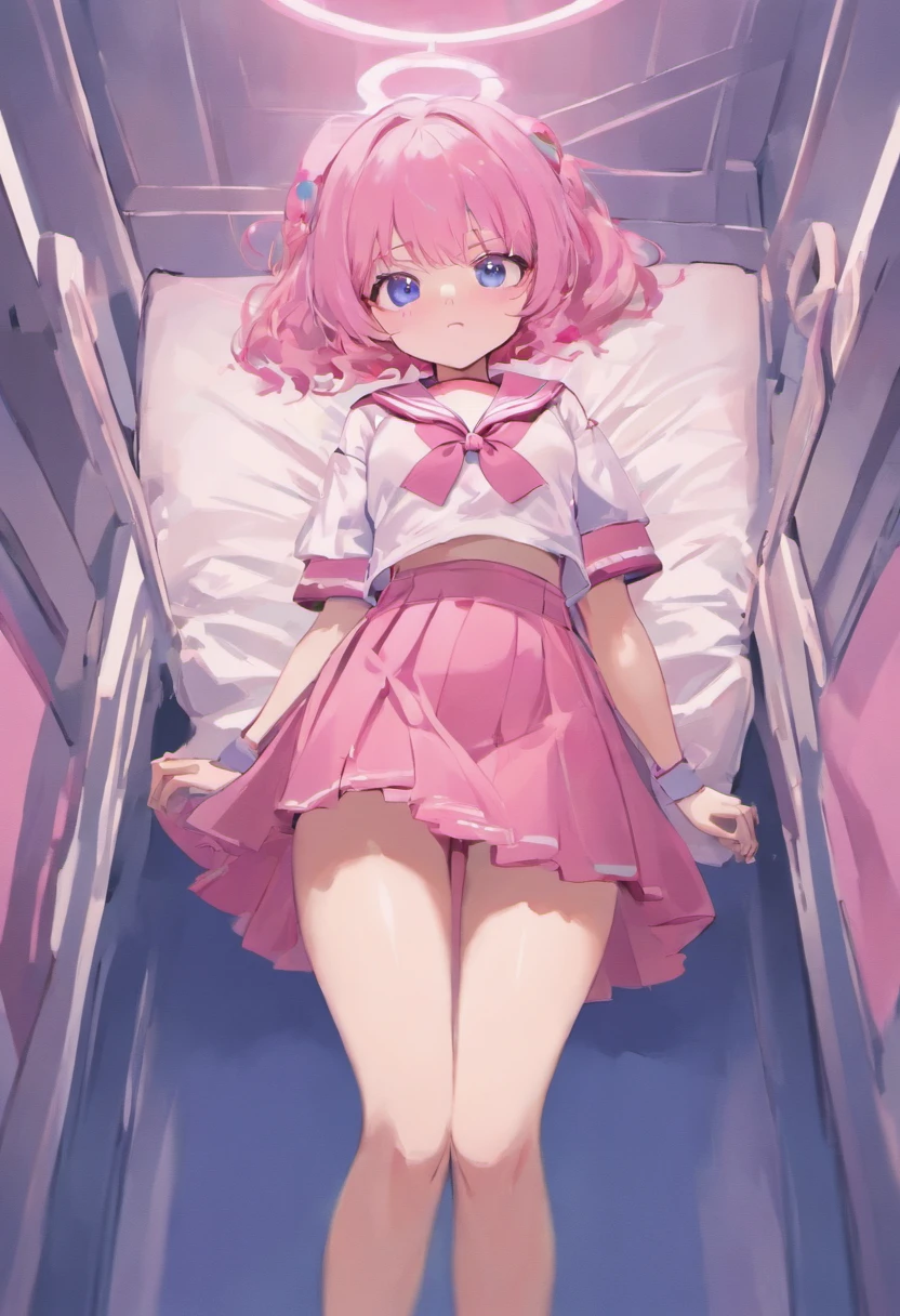 (((twogirls)))、Beautiful illustration、top-quality、Cute s、Bedroom、A pink-haired、long whitr hair、(((Pink pleated skirt)))、(((Pink sailor suit)))、short- sleeved、huge tit、a navel、Turn up the skirt with your hands、showing white panties、Pull up the skirt,The reveal panties、Bare legged、eBlue eyes、on top of the bed、Lovely thighs、glowing thigh