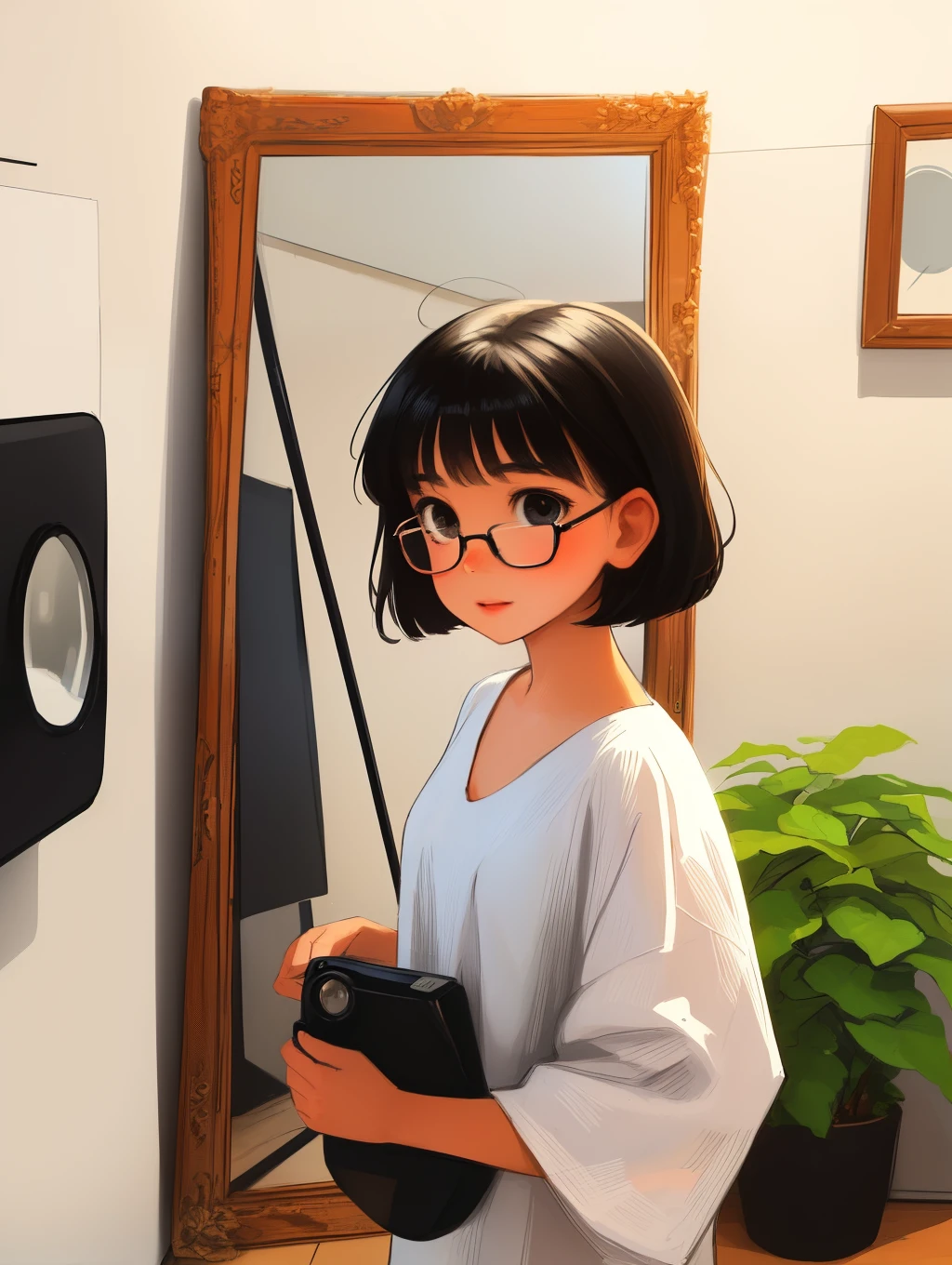 A cute little girl, wearing a white dress, background is wall with hanging some plants, anime, painting style image, short hair, cartoon style pic, short black hair, black eyes, two bow on hair , wearing glasses, clicking mirror selfie with camera