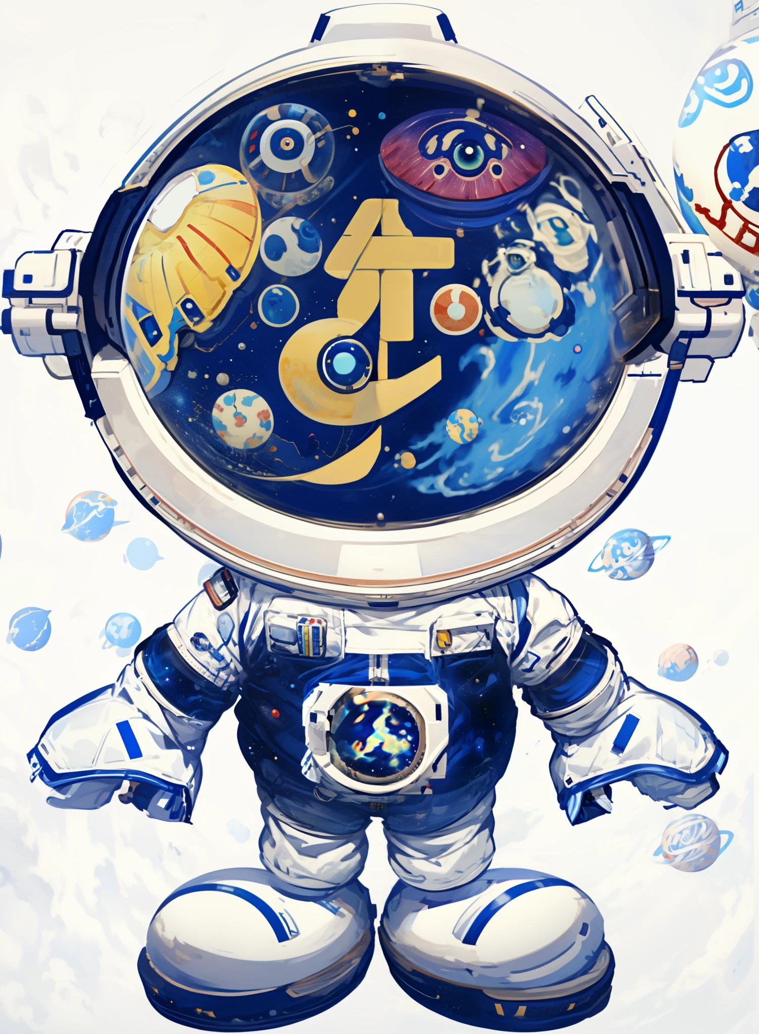 Cartoon astronaut wearing colorful objects in helmet, cute astronaut sticker art, Venus squid astronaut, aztec astronaut, in intergalactic japan, wearing a space costume, cosmic bjork, astronaut cyberpunk electric, The astronaut, Luminous space suit, Inspired by Haruki Murakami, lonely astronaut, Astronauts below, Spacesuit, space suit, space molly, psychological universe