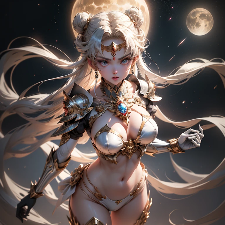 obra prima、standing pose, Ful:1.3、stands、8k、。.......3d、realisitic、Ultra Micro Fotografia、qualidade superior、Wallpapers with extreme details CG Unity 8k、de baixo、detalhes intrincados、(1 female)、28 anos、(bikini branco, lua eterna do marinheiro)、(Loira incrivelmente longa e brilhante de duas caudas:1.4、Loira de cauda dupla reta fina e muito longa, hair buns、Ornamento de cabelo redondo vermelho em um coque de cabelo)、very suitable and suitable high gloss white holographic leather、Sexy high-shine white silver bikini with high-leg cut that shines like oil, Pose de modelo sexy:1.2、dynamicposes:1.2,(Detalhes do rosto:1.5、olhos azuis、beautiful expression、Olhos belos、Iris sketch, Olhos com destaques、Lips up:1.5、up to, Sharp, pale eyebrows,、long eyeslashes、Double eyelashes、up to, para cima e musculosos,,um rosto pequeno、big tits、perfectly proportions、seios grandes cintura fina、visible pore、sorriso sedutor、perfect hand:1.5、octan render、highly dramatic picture、(divindade lunar,cosmic background、Raios ao luar、uma lua、Dynamic backgrounds、exquisite lighting and shadow、dynamic nail、Antecedentes detalhados),Luz natural forte、luz solar、Digital SLR、foco nítido: 1.0、Maximum clarity and sharpness、Mecha Musume,(coelho, coque duplo, bicaudal, Faixa separada, circlet, jewelries, brincos, gargantilha, red bow, luvas brancas, Bosques de Cotovelo