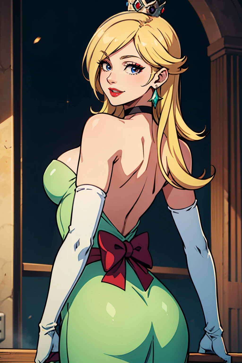 rosalina, crown, green dress, long dress, strapless dress, backless dress, long white elbow gloves, smile, light red lipstick, dark purple eye shadow, makeup, black choker, cowboy shot