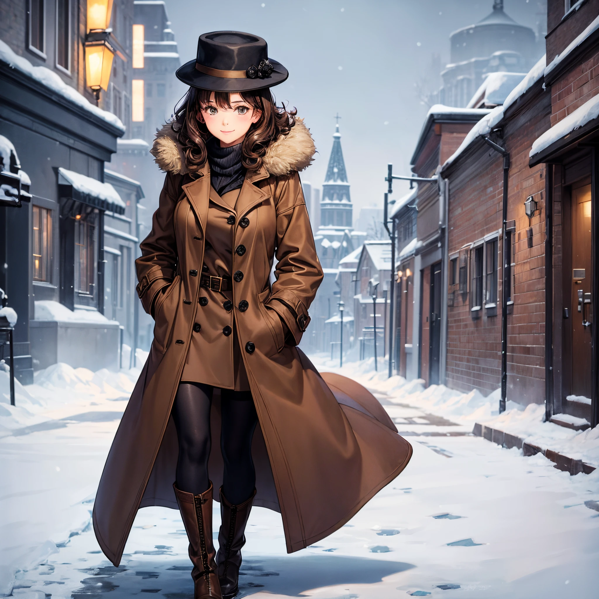 1 girl, solo, long brown coat, oversized coat, black stockings, brown hair, curly short hair, gorgeous girl, medium breasts, russian-like hat, black snow boots, snowy city in background, hands in pockets, light smile