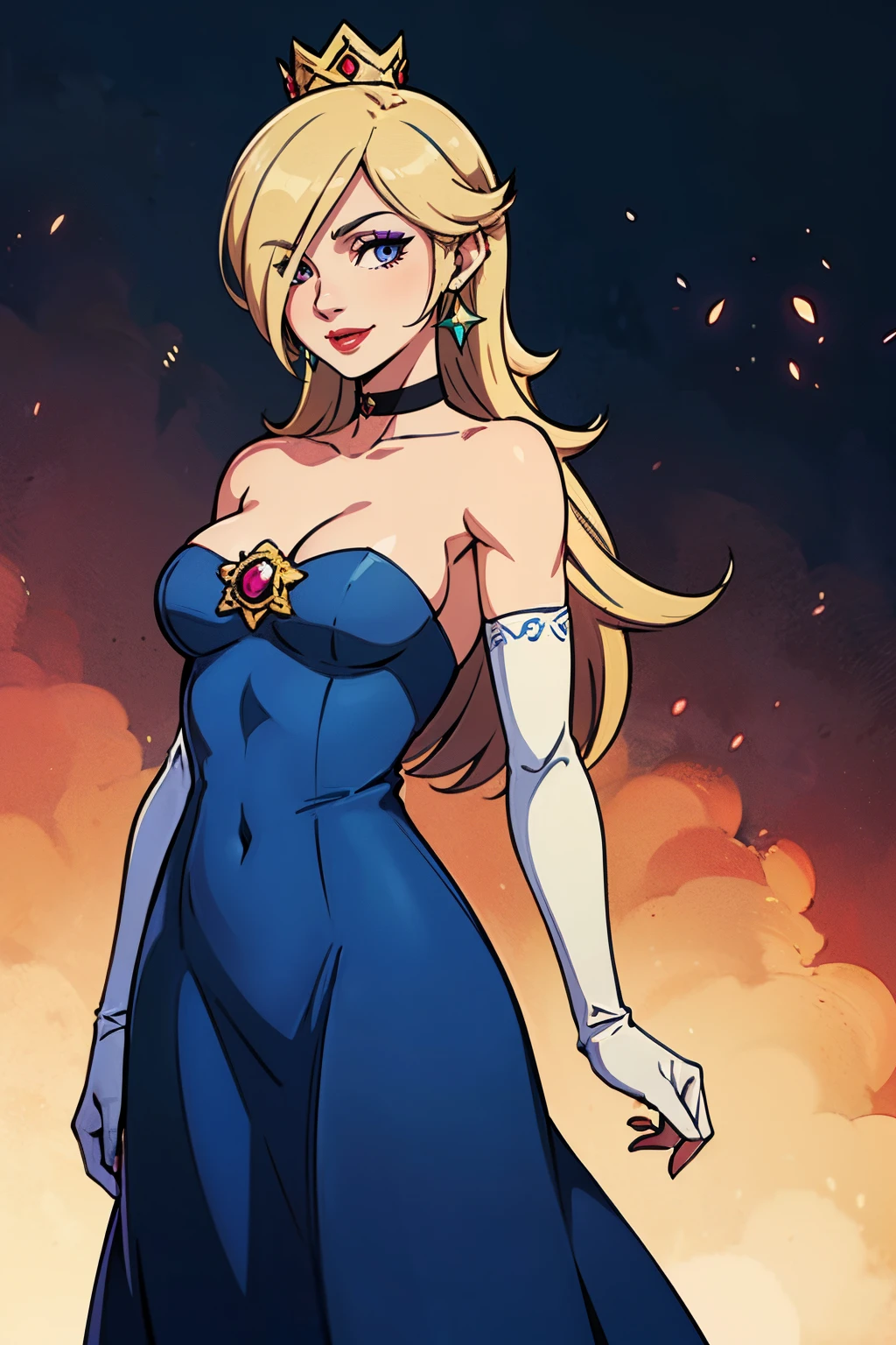 rosalina, crown, blue dress, long dress, strapless dress, backless dress, long white elbow gloves, smile, light red lipstick, dark purple eye shadow, makeup, black choker, cowboy shot