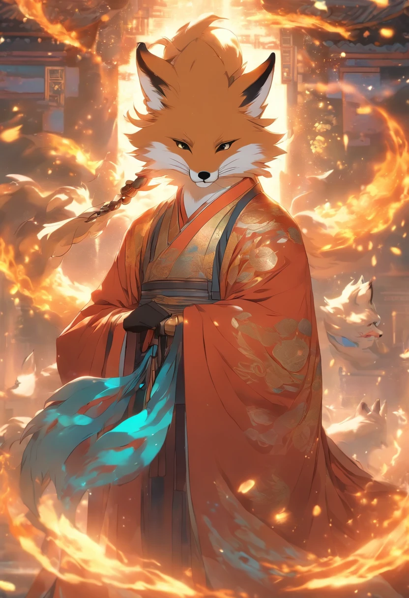 (tmasterpiece), (Best quality at best), Cinematic quality，Rendered by Octane，Ultra-detailed details，1 boy,Cool action，Wearing ancient Chinese Hanfu，(Ancient Chinese Formation:1.2),Energy surrounds，blue energy particle fluid，Fairy air fluttering，Luminous magic circle，Summon ancient beasts，（Behind him，is a huge fox：1.5）