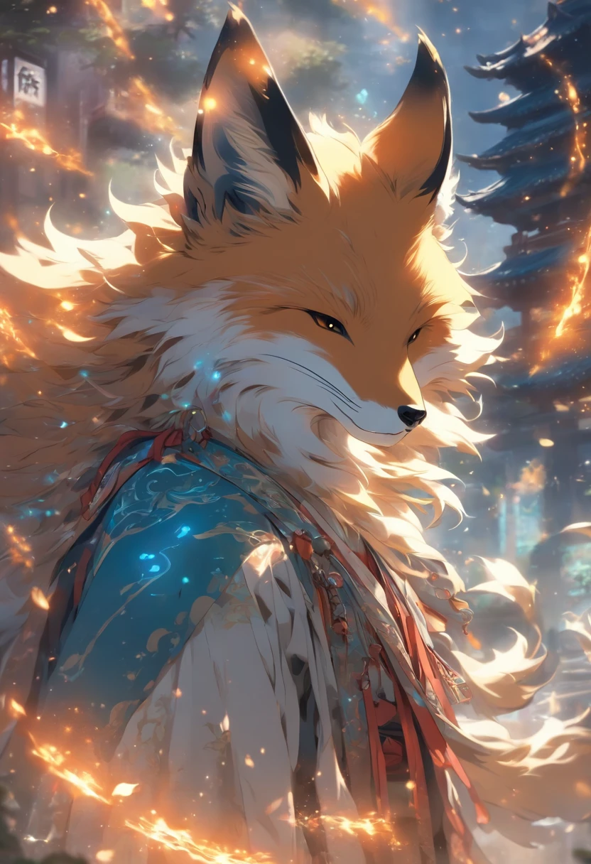 (tmasterpiece), (Best quality at best), Cinematic quality,Rendered by Octane,Ultra-detailed details,1 boy,Cool action,Wearing ancient Chinese Hanfu,(Ancient Chinese Formation:1.2),Energy surrounds,blue energy particle fluid,Fairy air fluttering,Luminous magic circle,Summon ancient beasts,(Behind him,is a huge fox:1.5)