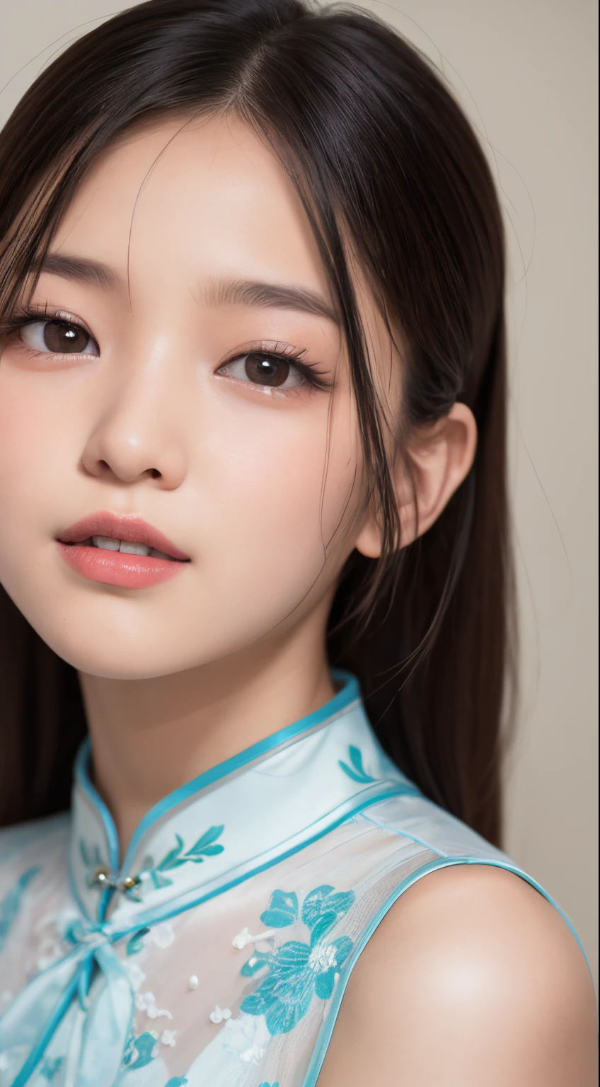 masutepiece, Best Quality, 8K, 8ars old, Teen, Raw photo, absurderes, award winning portrait, Smile, Solo, Idol face, Delicate girl, Upper body, Digital SLR, Looking at Viewer, Candid, Sophisticated,Thin arms, Professional Lighting, Film grain, chromatic abberation, (Eyes and faces with detailed:1.0), (Bokeh:1.1) , (Glamorous cheongsam:1.1) , closes mouth , A dark-haired , drooing eyes , large full breasts , (Thick lip:1.2) , 15ear facered-lips , de pele branca