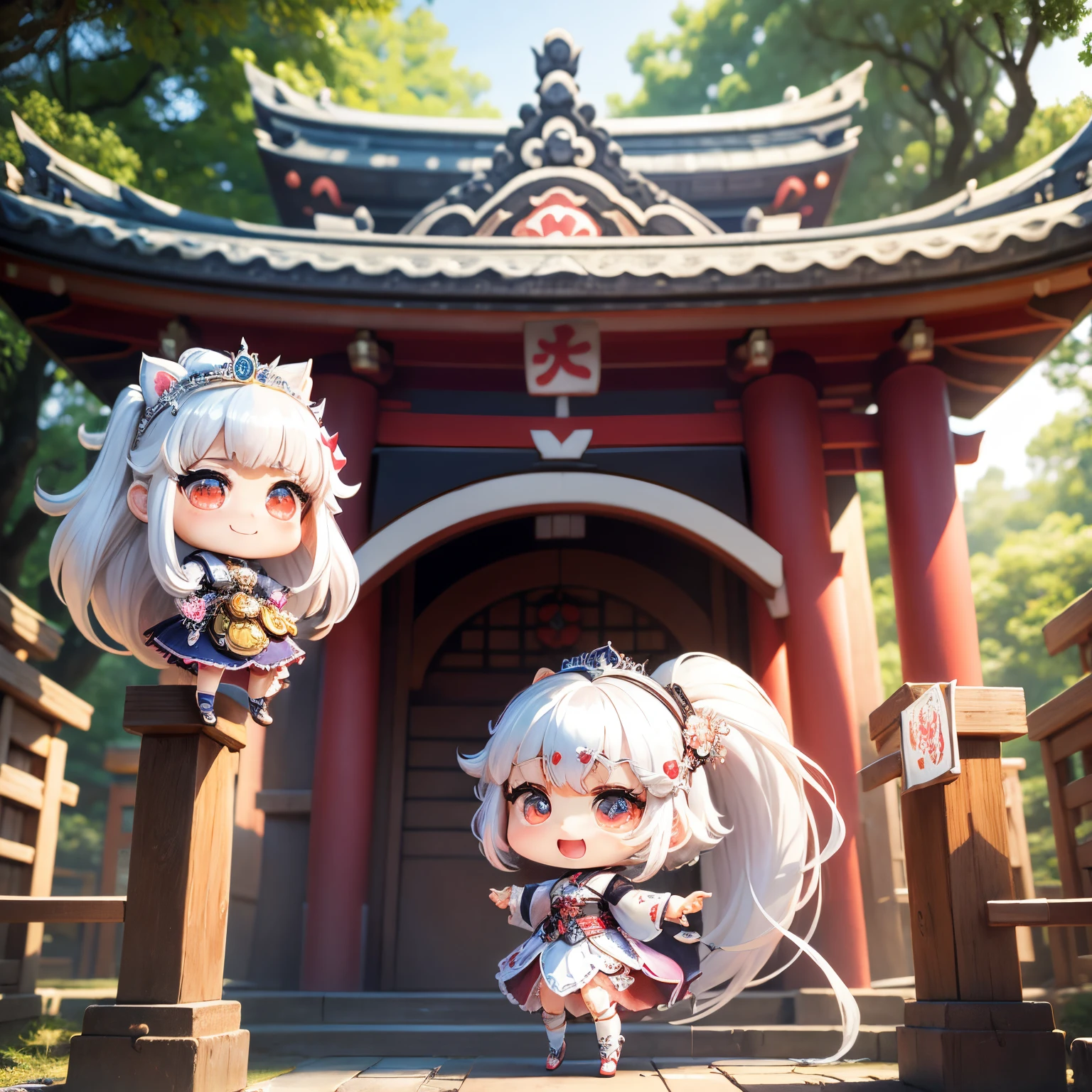 masterpiece、top-quality、ultra-detailliert、(chibi character princess:1.2)、Heart motif、Inome of Japanese shrine、white hair、Open your mouth and smile、Standing