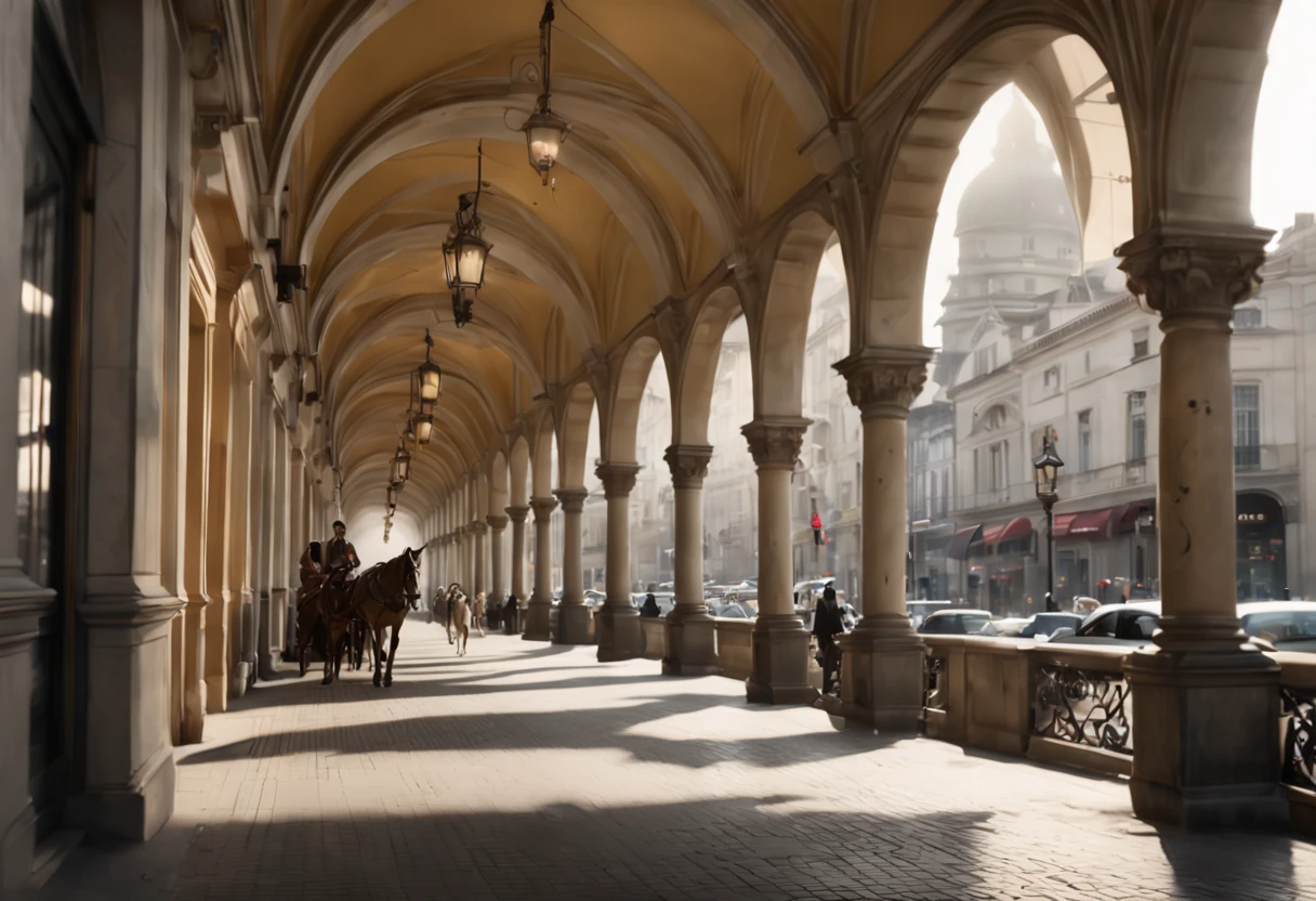 (((view from behind a (rhythmical arched arcades):1.2)),diagonal image compositing, In the street ((some people) walking: 1.2)) and (stunning horses pulling fancy carriages: 1.2)), realistic perfect human faces, highly detailed facial features, lifelike human skin textures, early in the morning,(( soft volumetric lighting )), wind blows,(city skyline), ((natural light spreads on the houses on the ((square of the town: 1.2))), (opened windows), intricate detailed architectonical decorated elements and statues on the buildings, In a long part of the street ((golden light beams spread over: 1.2)) like a ((bridge)),(((the bottom of the sky is crimson colored)), ((view point variations)), intricate details, photorealism, photorealistic, hyperrealism, ultra realistic, lifelike textures, neutral colors, cinematic lighting, dramatic lighting, soft front light, sharp focus, wide angle, film grain, dslr, raw photo,