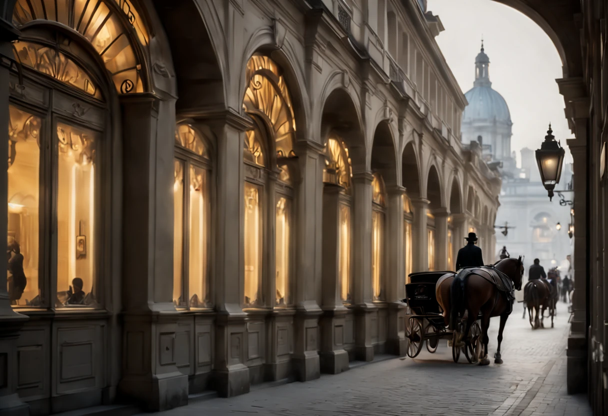 (((view from behind a (rhythmical arched arcades):1.2)),diagonal image compositing, In the street ((some people) walking: 1.2)) and (stunning horses pulling fancy carriages: 1.2)), realistic perfect human faces, highly detailed facial features, lifelike human skin textures, early in the morning,(( soft volumetric lighting )), wind blows,(city skyline), ((natural light spreads on the houses on the ((square of the town: 1.2))), (opened windows), intricate detailed architectonical decorated elements and statues on the buildings, In a long part of the street ((golden light beams spread over: 1.2)) like a ((bridge)),(((the bottom of the sky is crimson colored)), ((view point variations)), intricate details, photorealism, photorealistic, hyperrealism, ultra realistic, lifelike textures, neutral colors, cinematic lighting, dramatic lighting, soft front light, sharp focus, wide angle, film grain, dslr, raw photo,
